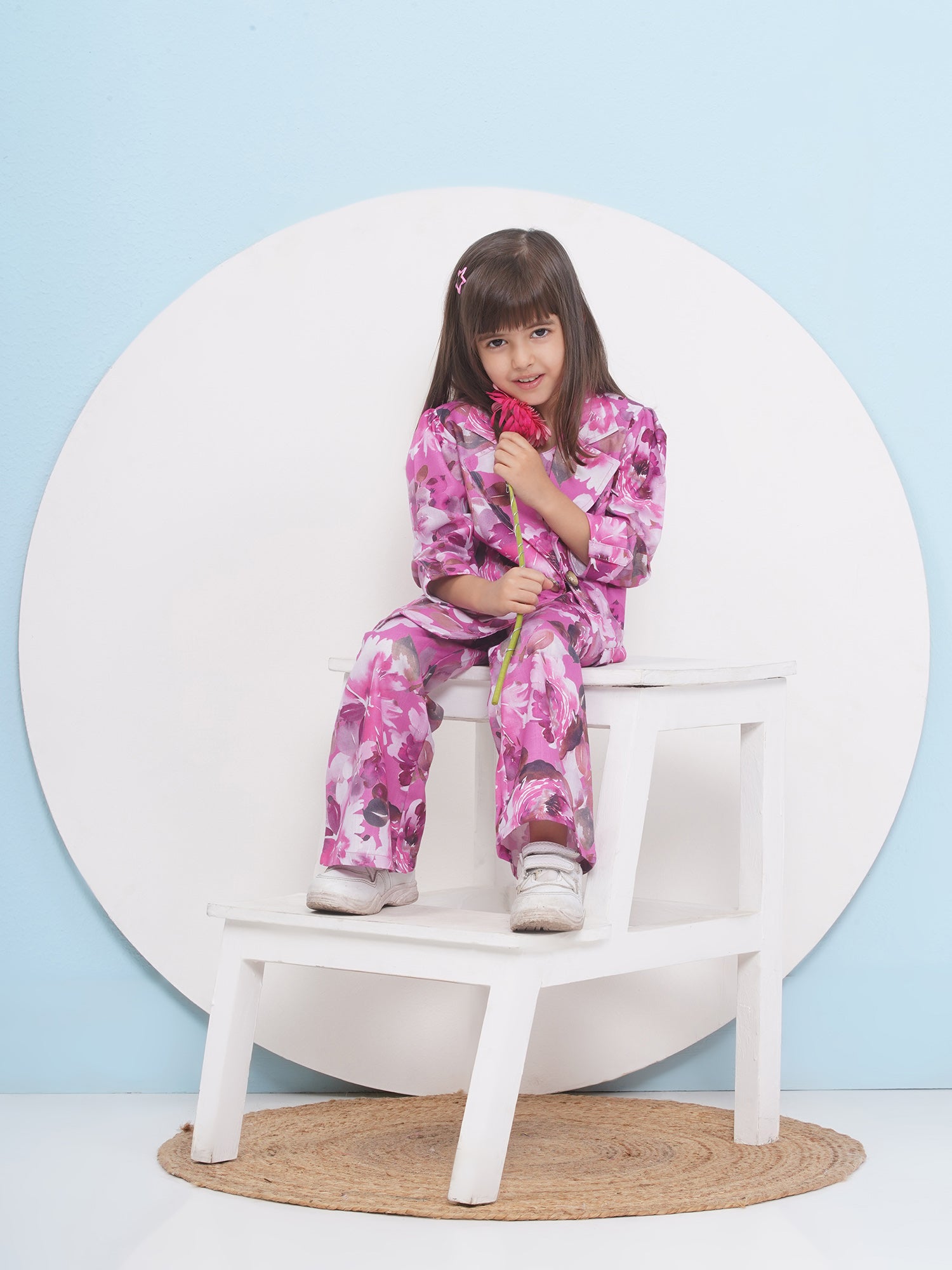 Purple Cotton Three-Fourth Sleeves Printed Co-Ords Set For Girls - AJ Dezines