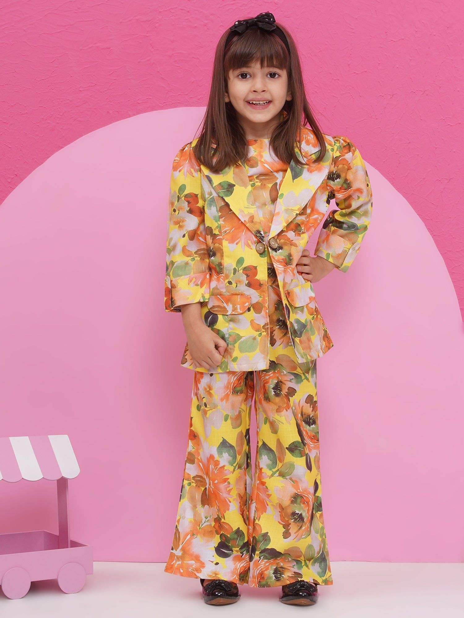 Yellow Cotton Three-Fourth Sleeves Printed Co-Ords Set For Girls - AJ Dezines