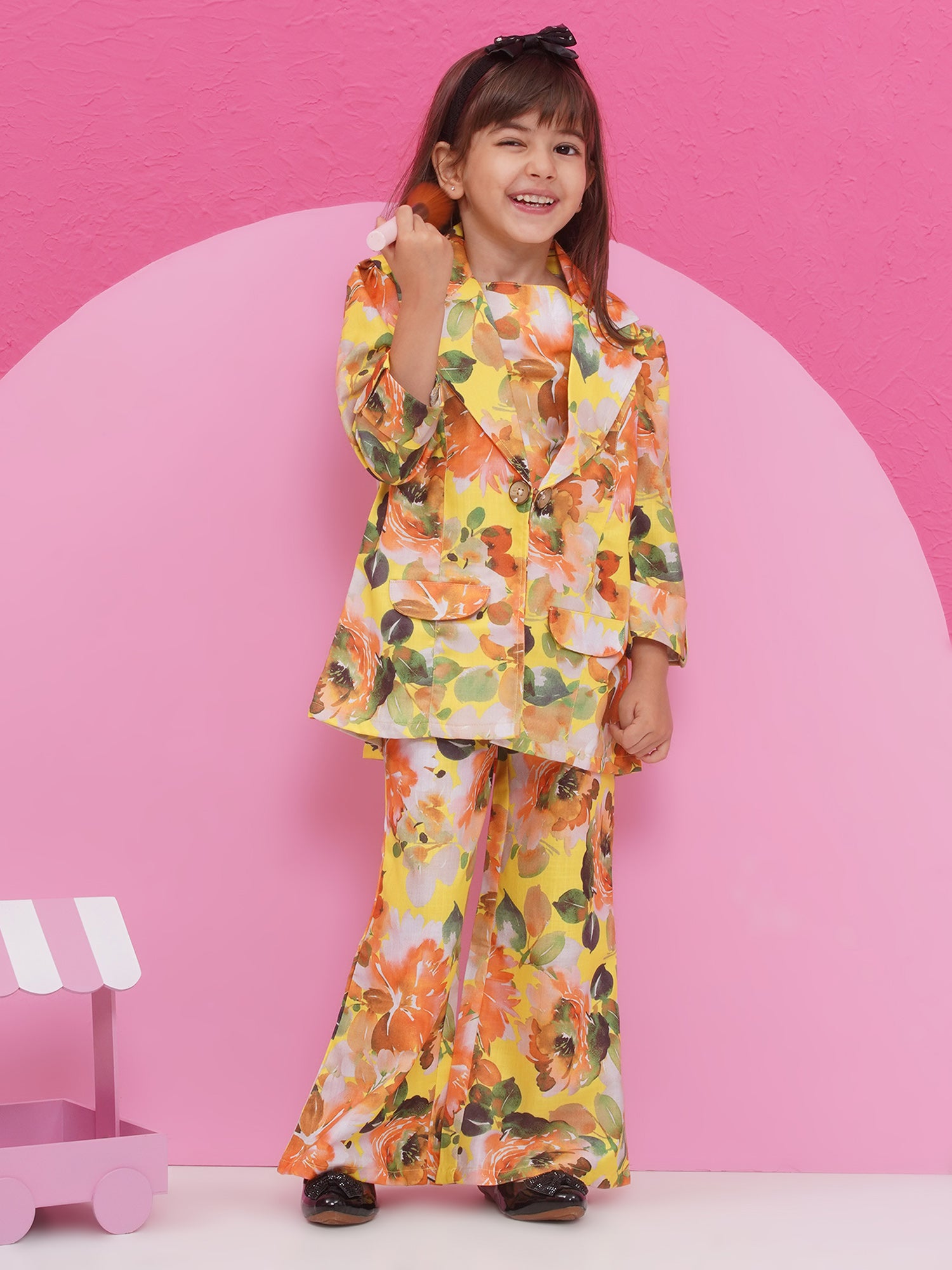 Yellow Cotton Three-Fourth Sleeves Printed Co-Ords Set For Girls - AJ Dezines