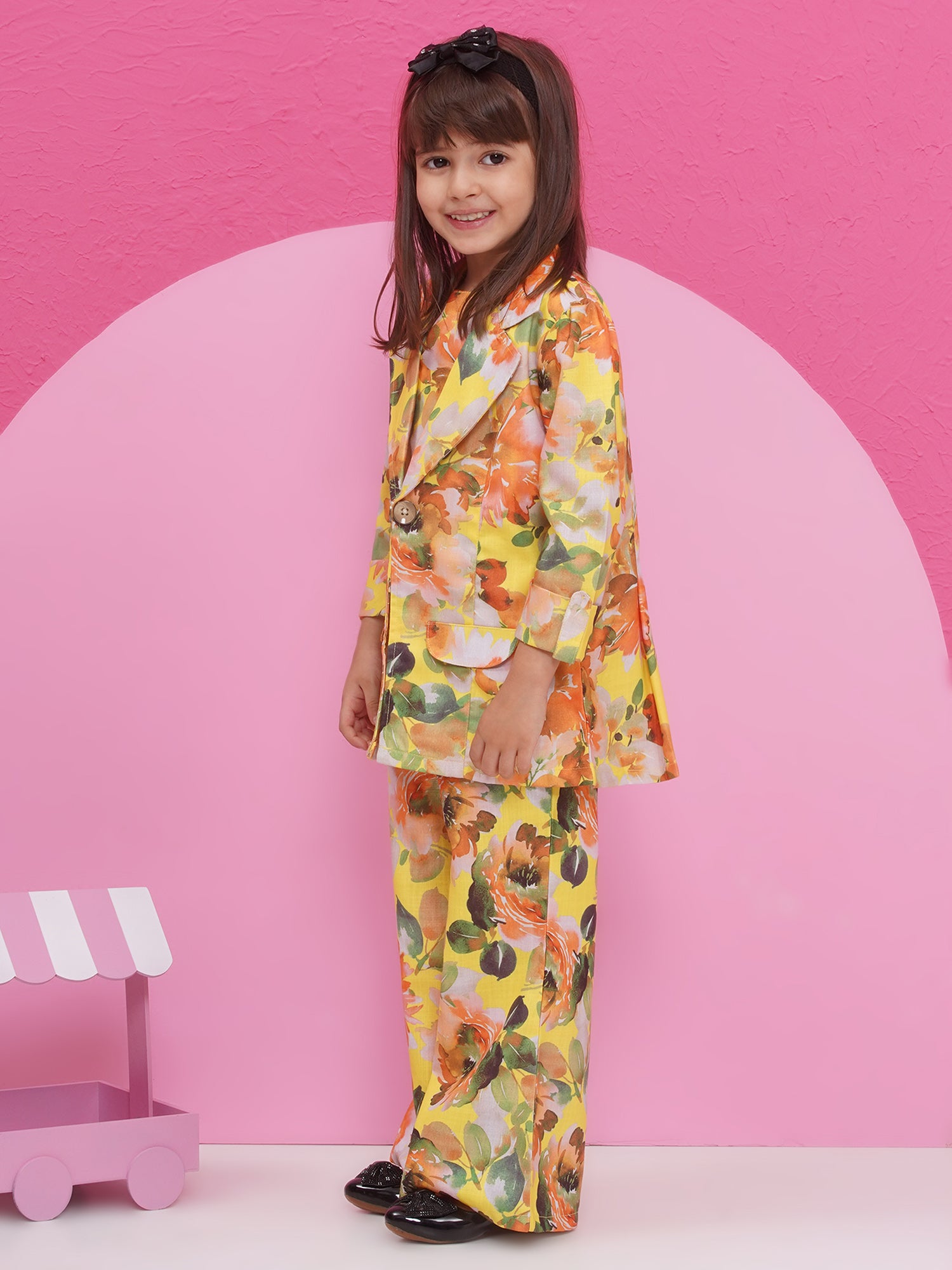 Yellow Cotton Three-Fourth Sleeves Printed Co-Ords Set For Girls - AJ Dezines