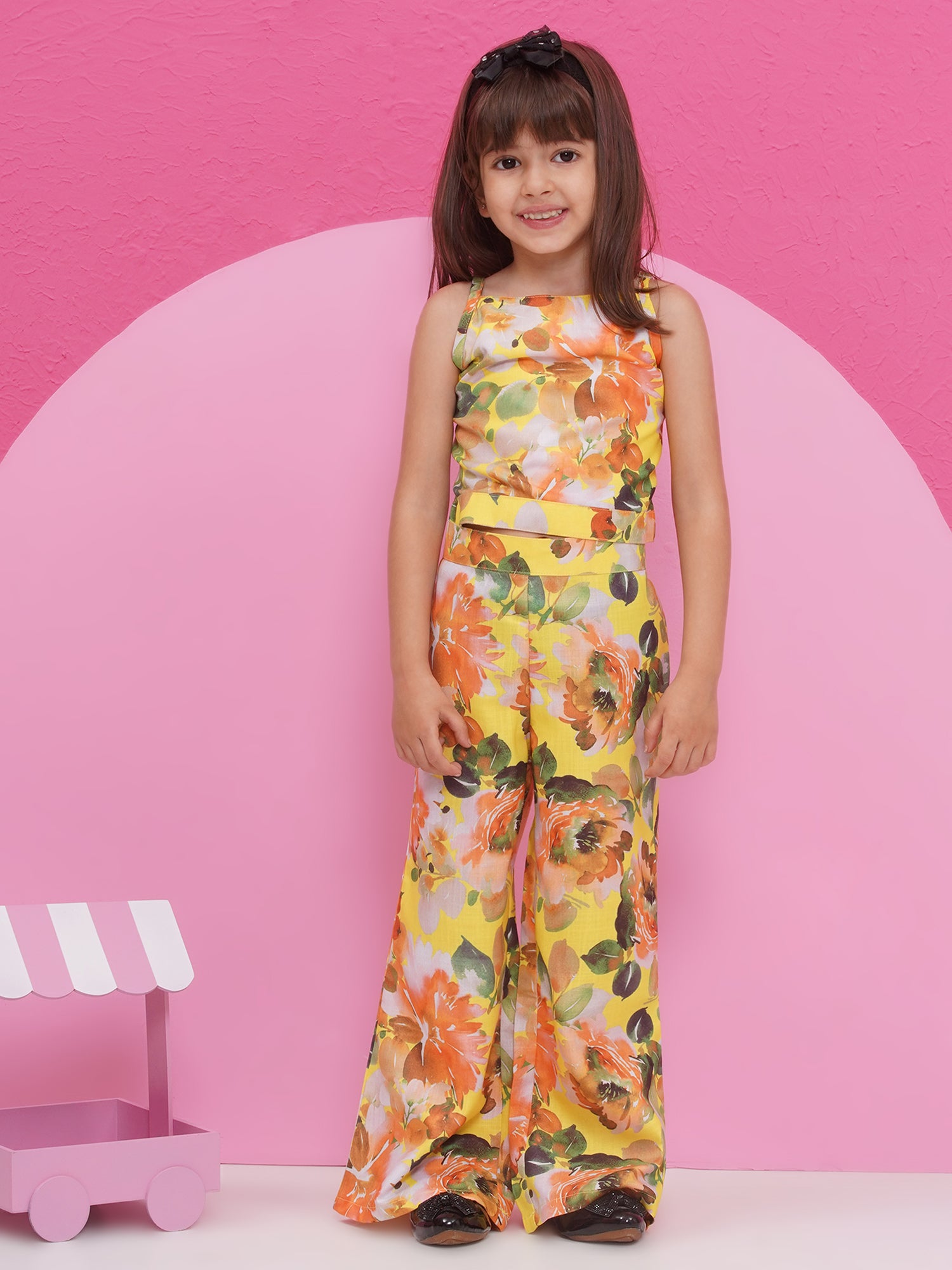 Yellow Cotton Three-Fourth Sleeves Printed Co-Ords Set For Girls - AJ Dezines