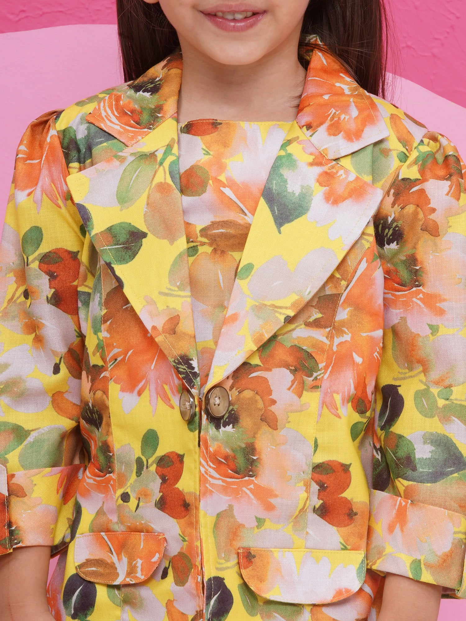 Yellow Cotton Three-Fourth Sleeves Printed Co-Ords Set For Girls - AJ Dezines