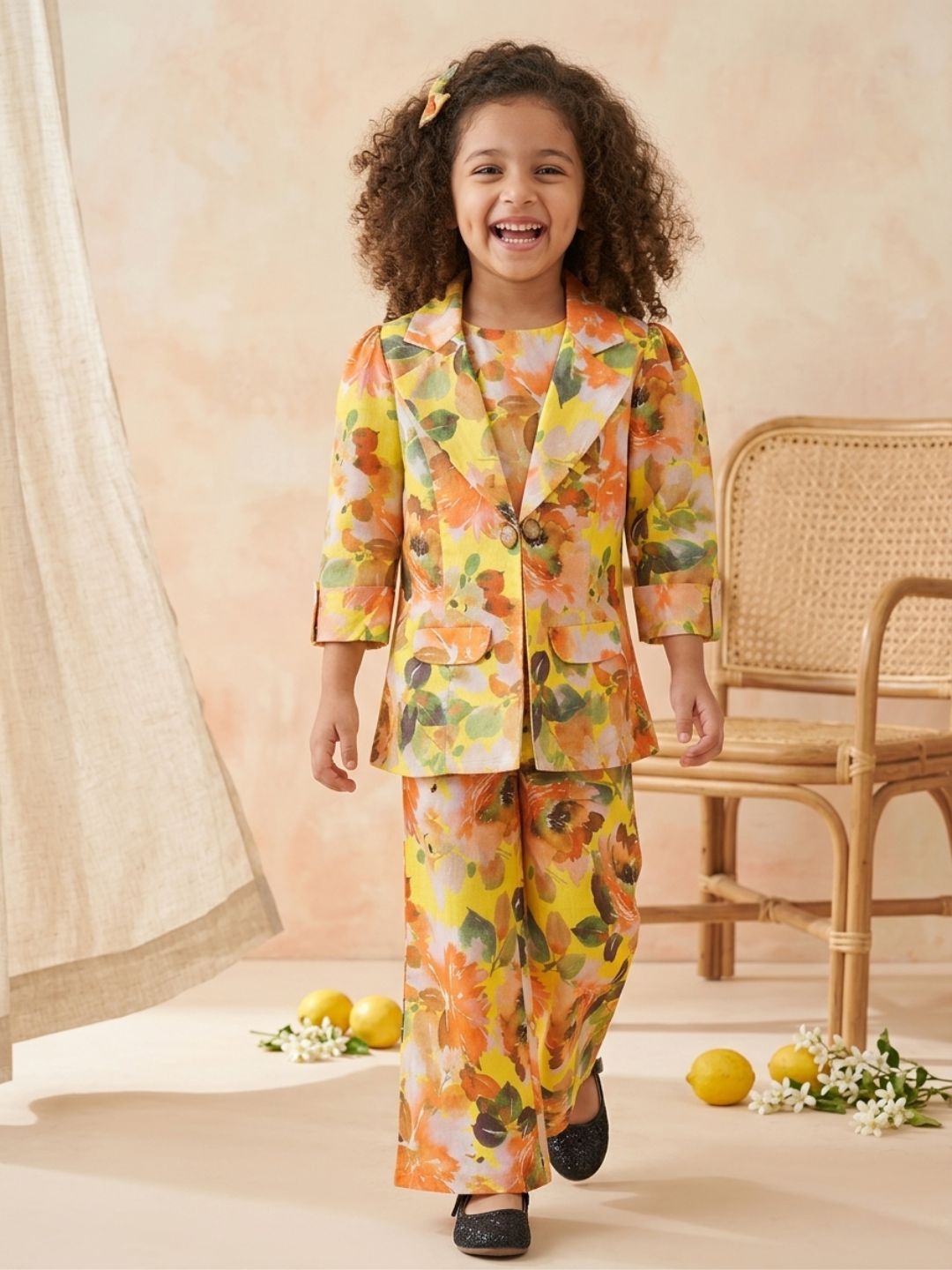 Yellow Cotton Three-Fourth Sleeves Printed Co-Ords Set For Girls - AJ Dezines