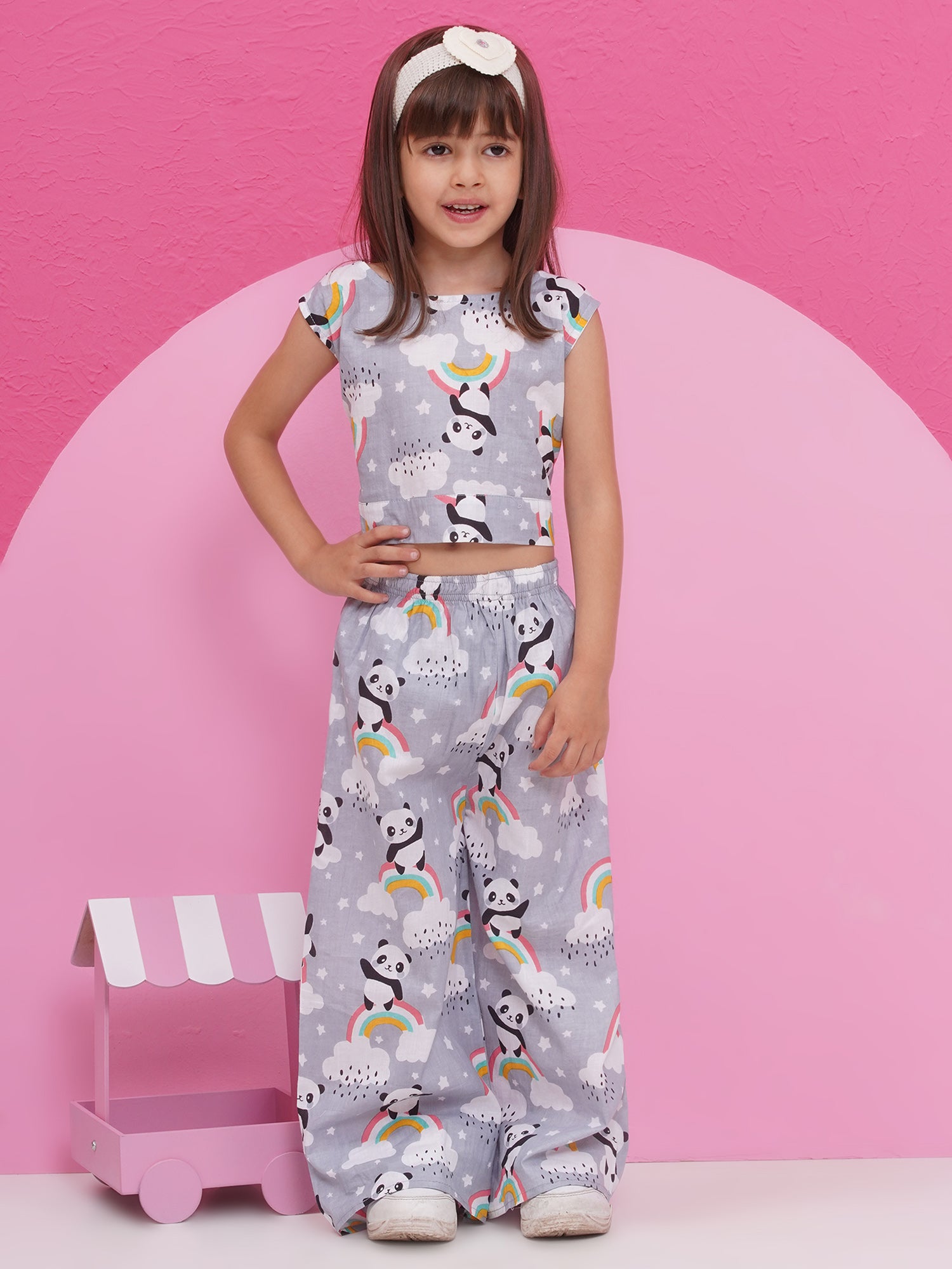 Kids Girls Grey Panda Cotton CO-Ords Set - AJ Dezines
