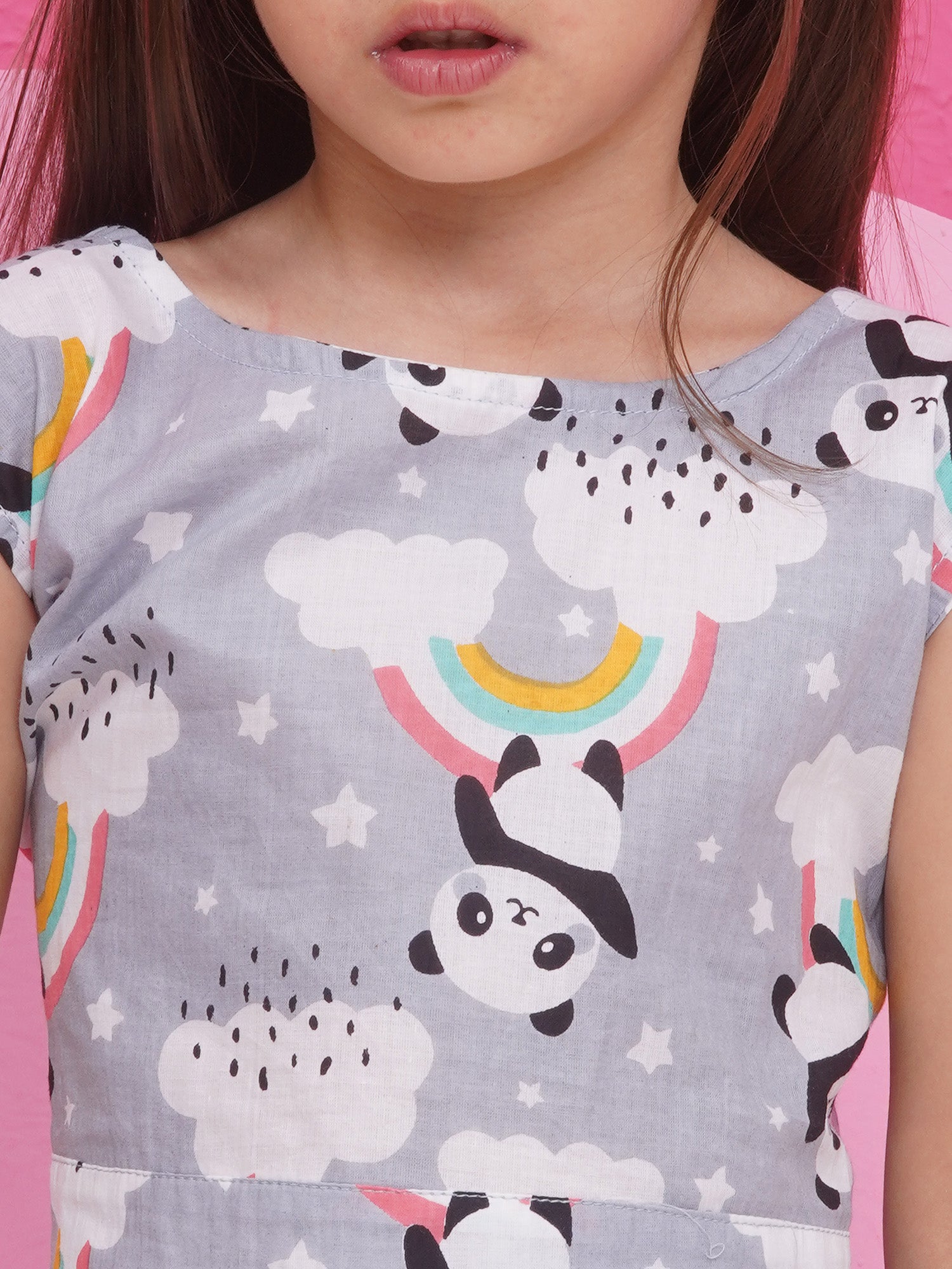 Kids Girls Grey Panda Cotton CO-Ords Set - AJ Dezines