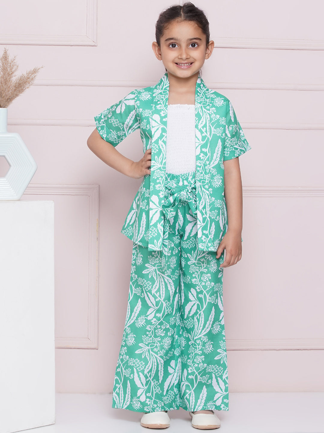 Kids Girls Green Tropical Print Cotton CO-Ords Set - AJ Dezines