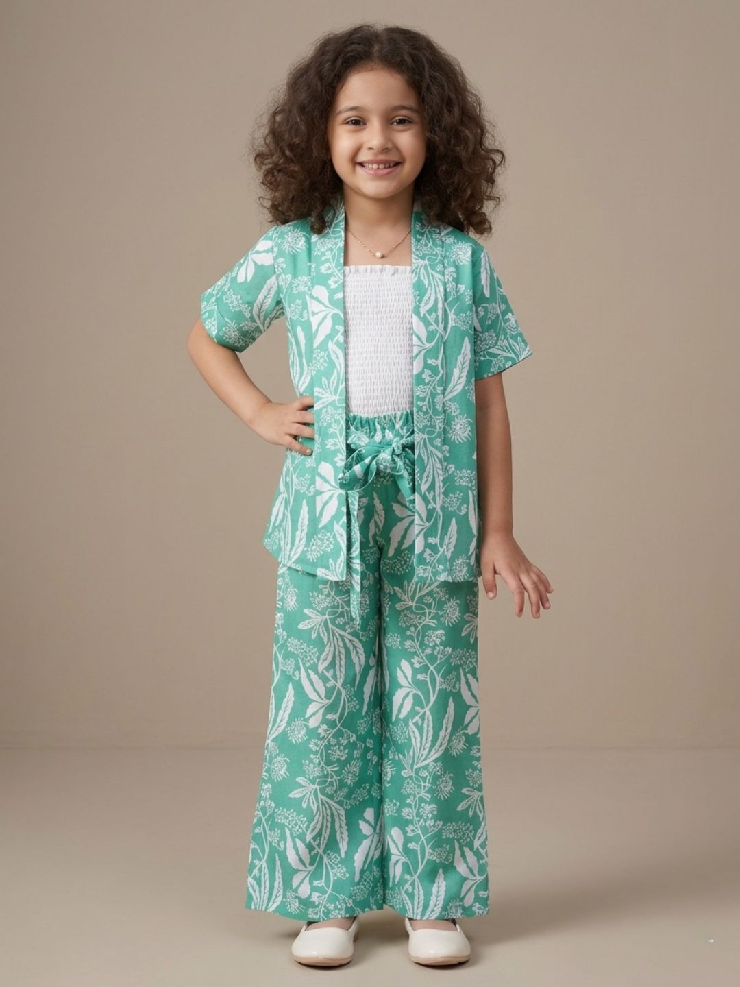 Kids Girls Green Tropical Print Cotton CO-Ords Set - AJ Dezines
