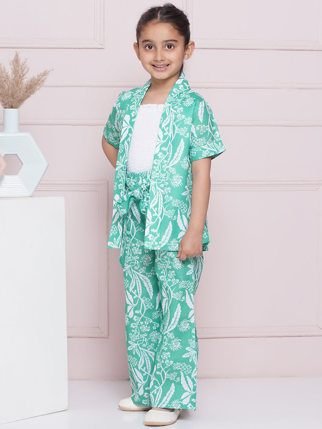 Kids Girls Green Tropical Print Cotton CO-Ords Set - AJ Dezines