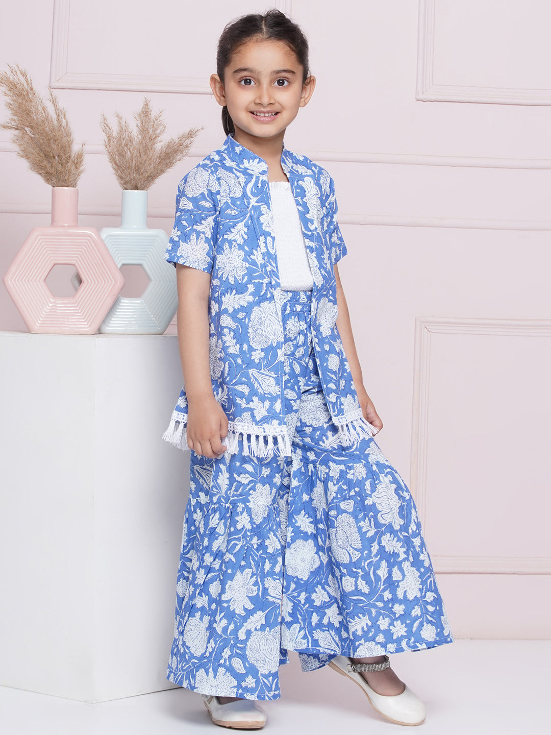 Blue Pure Cotton Half Sleeves Floral Print Co-Ords Set For Girls - AJ Dezines