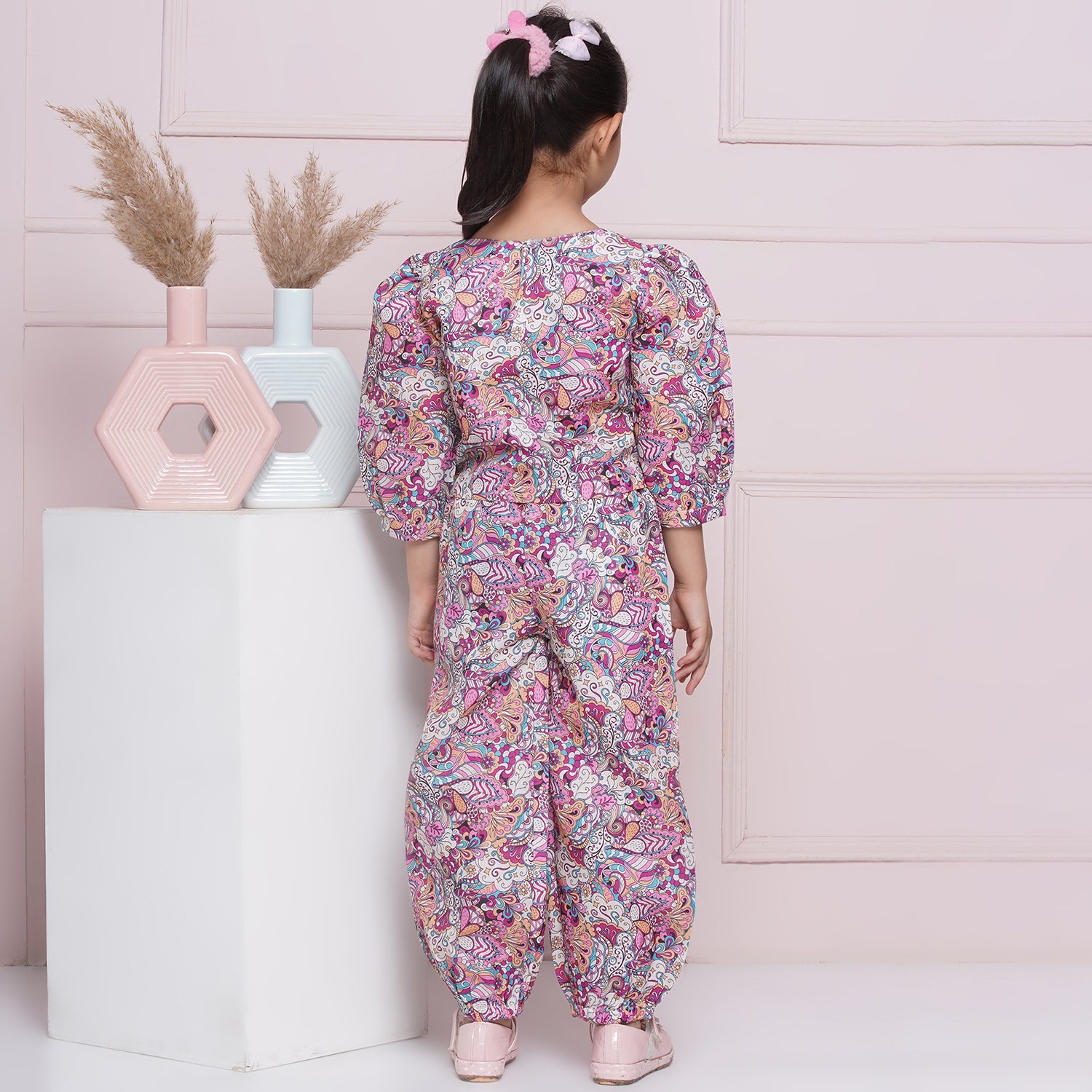 Kids Girls Purple Floral Print Cotton CO-Ords Set - AJ Dezines