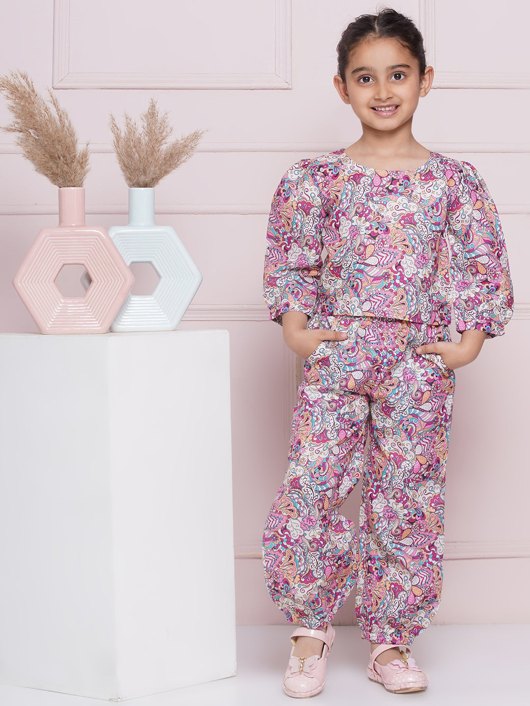 Kids Girls Purple Floral Print Cotton CO-Ords Set - AJ Dezines