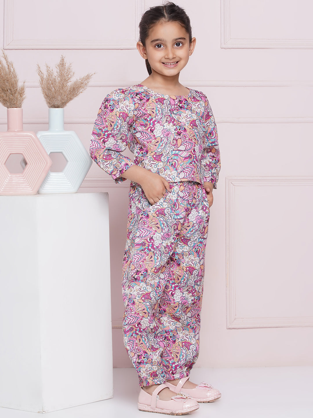 Kids Girls Purple Floral Print Cotton CO-Ords Set - AJ Dezines