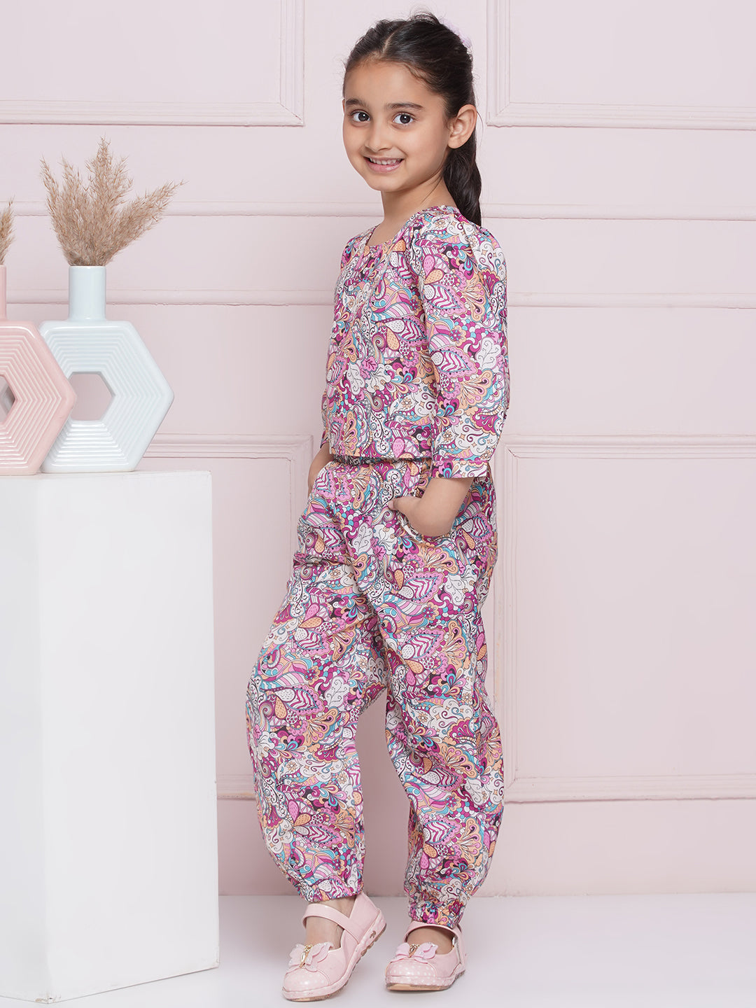 Kids Girls Purple Floral Print Cotton CO-Ords Set - AJ Dezines