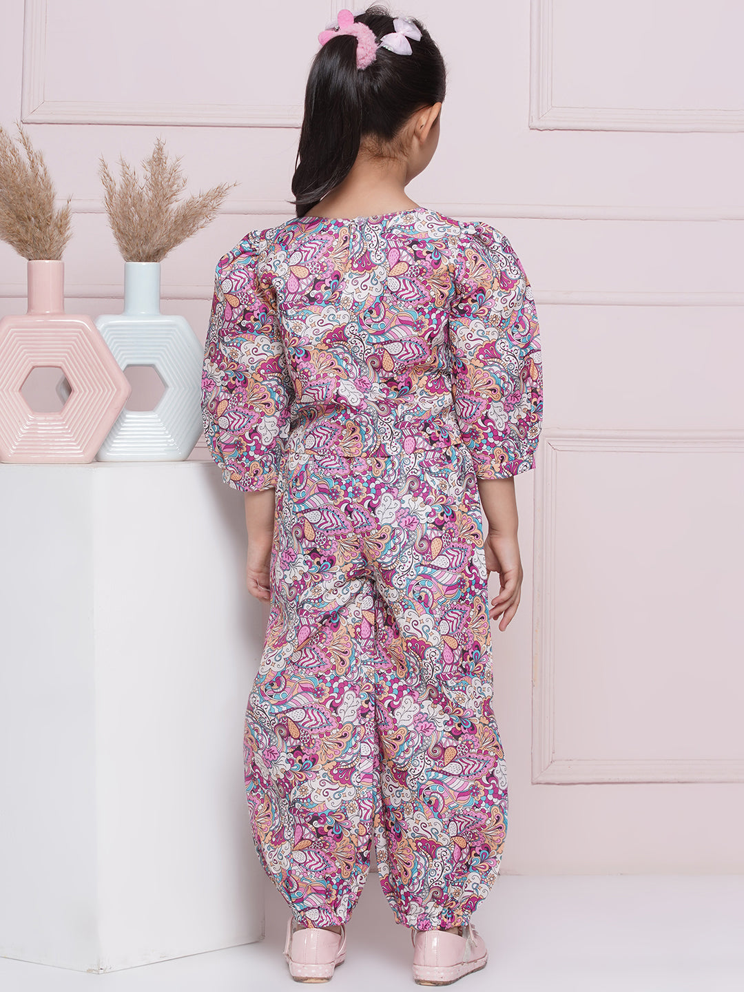 Kids Girls Purple Floral Print Cotton CO-Ords Set - AJ Dezines