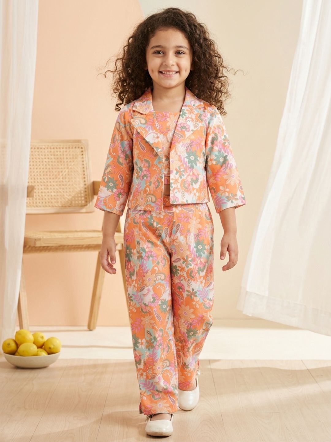 Kids Girls Orange Printed Cotton CO-Ords Set - AJ Dezines