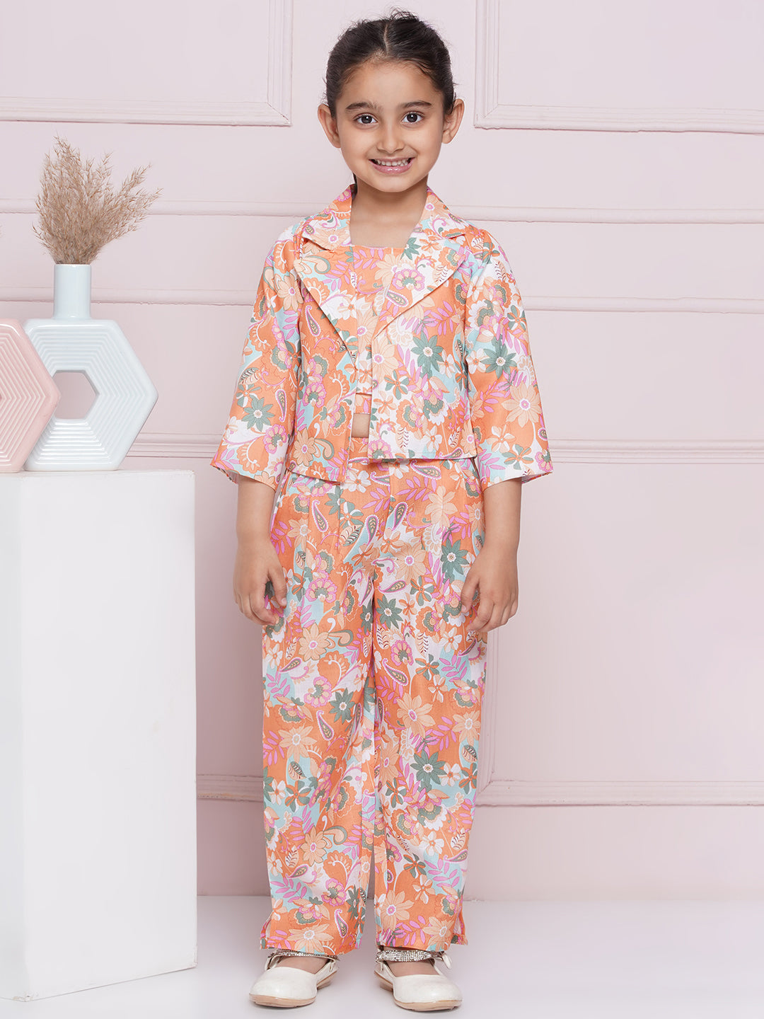 Kids Girls Orange Printed Cotton CO-Ords Set - AJ Dezines