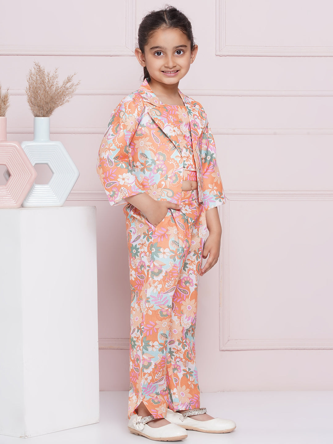 Kids Girls Orange Printed Cotton CO-Ords Set - AJ Dezines
