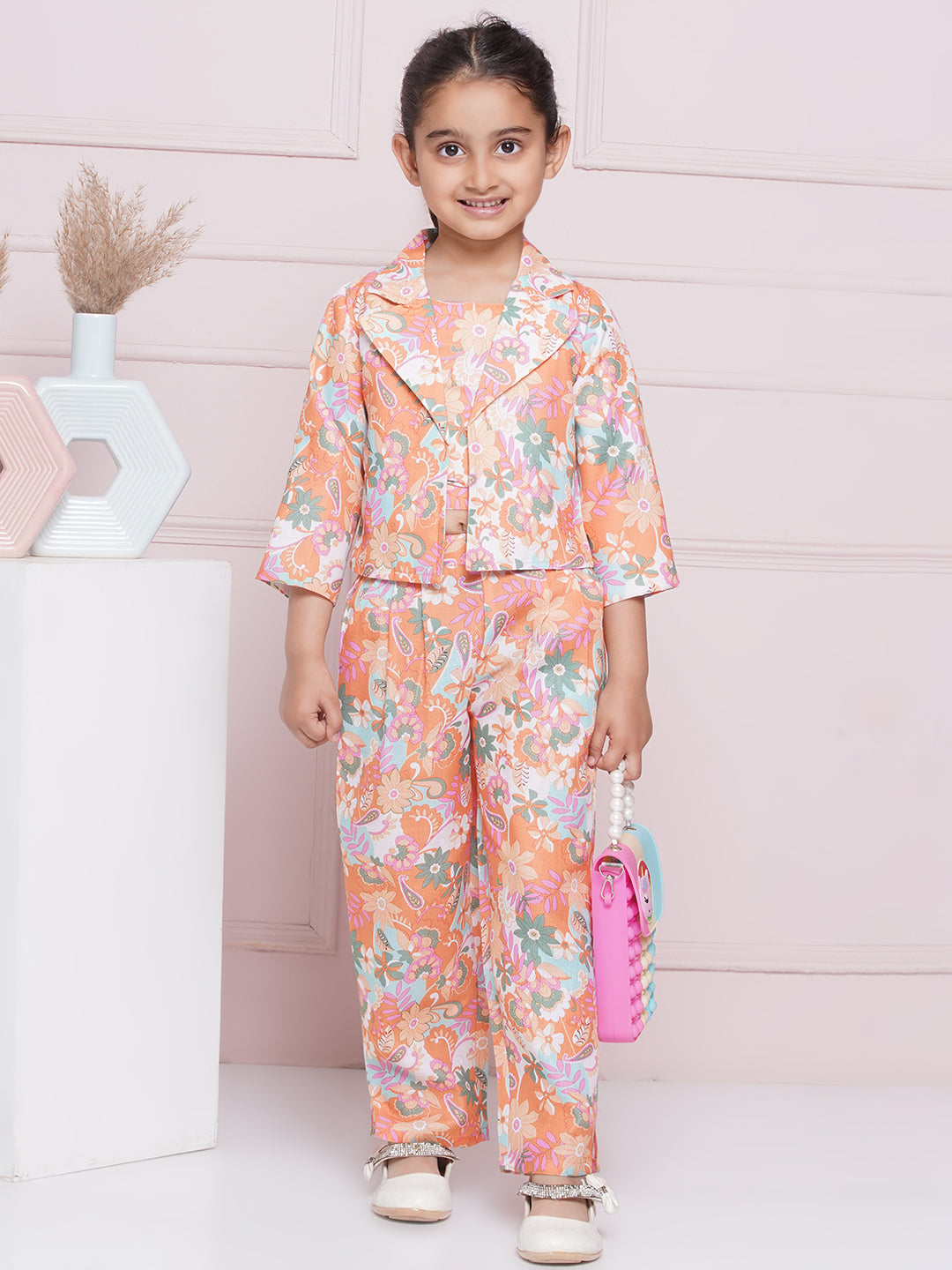 Kids Girls Orange Printed Cotton CO-Ords Set - AJ Dezines