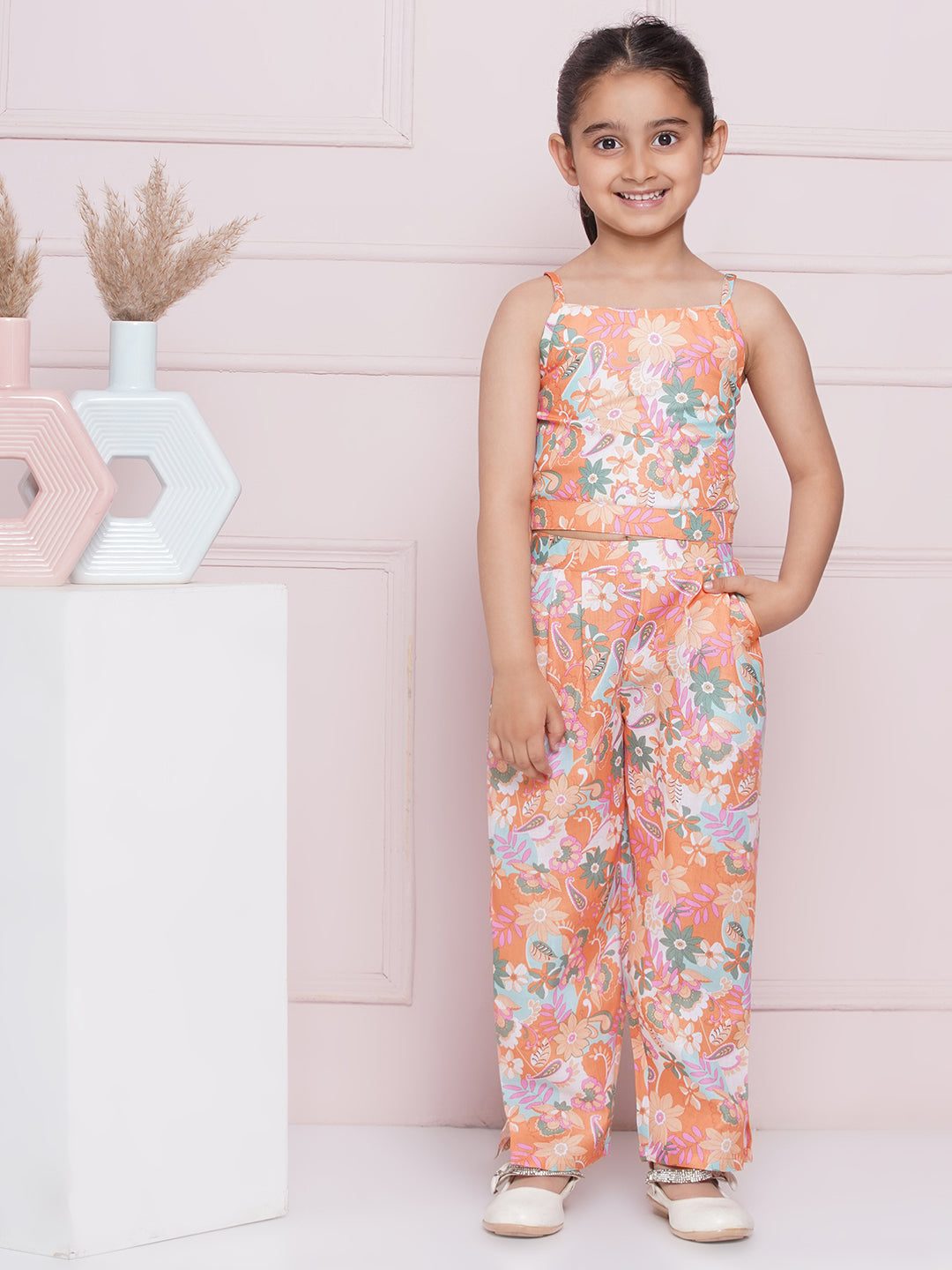 Kids Girls Orange Printed Cotton CO-Ords Set - AJ Dezines