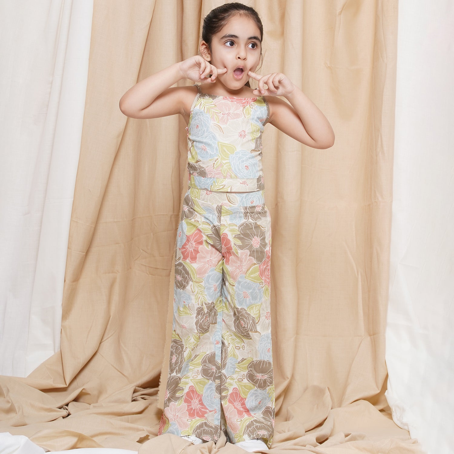 Kids Girls Brown Printed Cotton CO-Ords Set - AJ Dezines