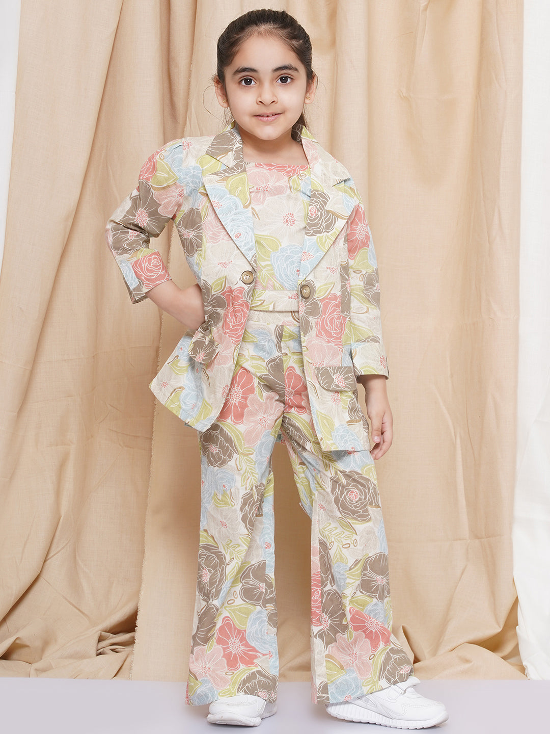 Kids Girls Brown Printed Cotton CO-Ords Set - AJ Dezines