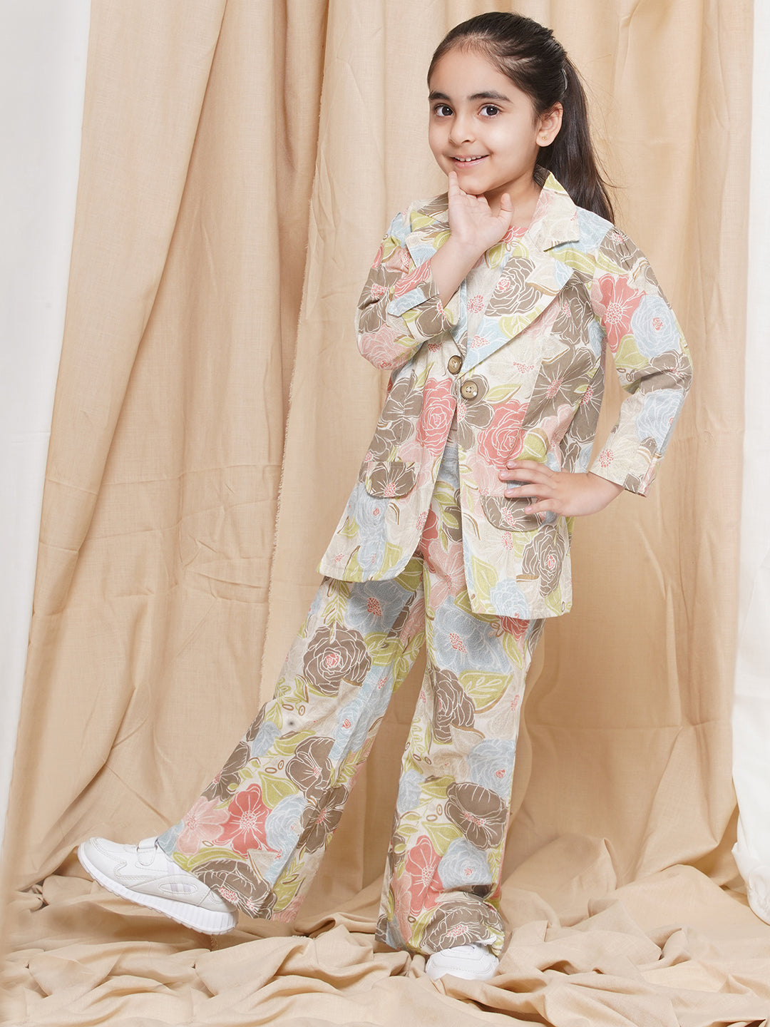Kids Girls Brown Printed Cotton CO-Ords Set - AJ Dezines