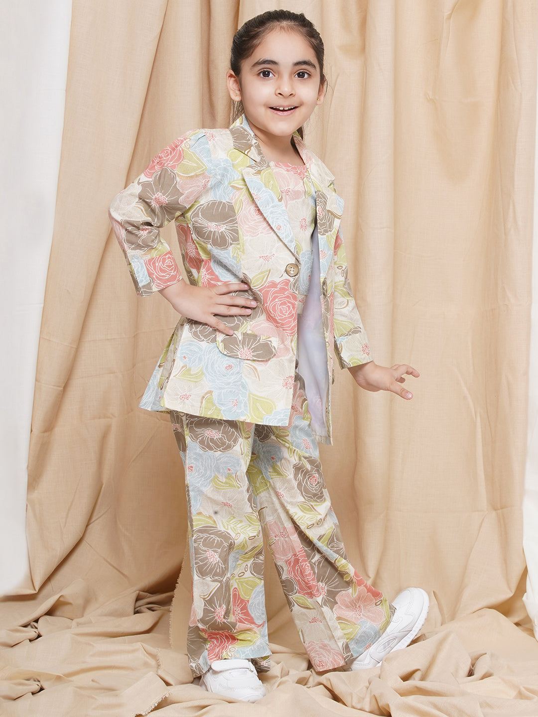 Kids Girls Brown Printed Cotton CO-Ords Set - AJ Dezines