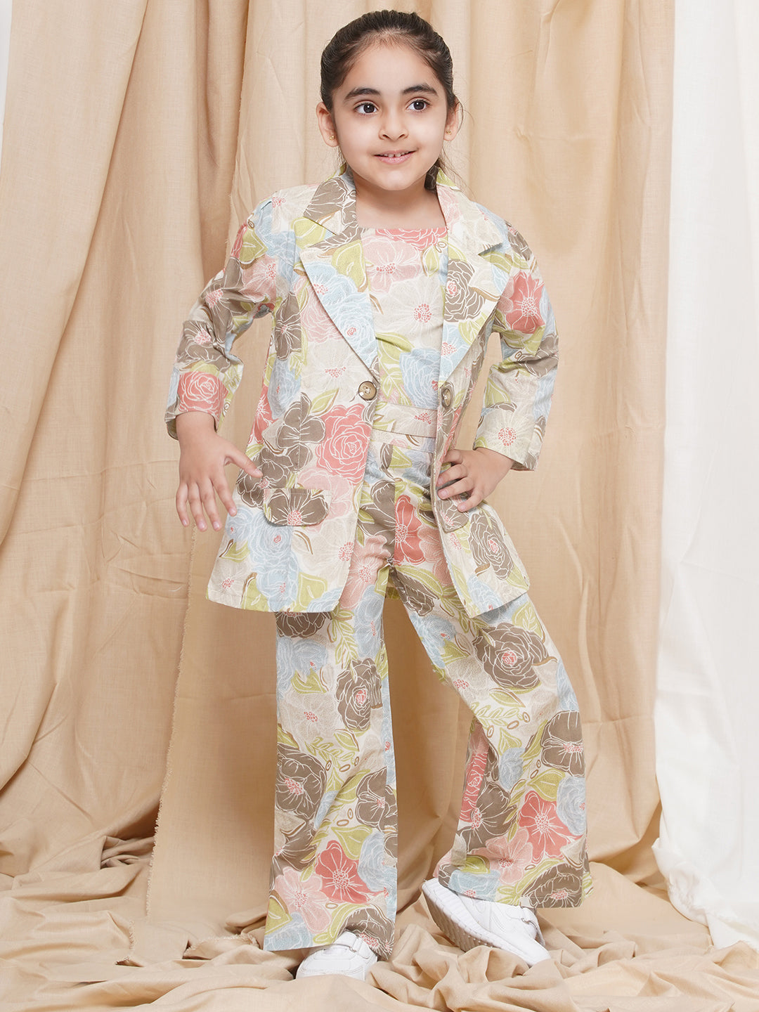 Kids Girls Brown Printed Cotton CO-Ords Set - AJ Dezines