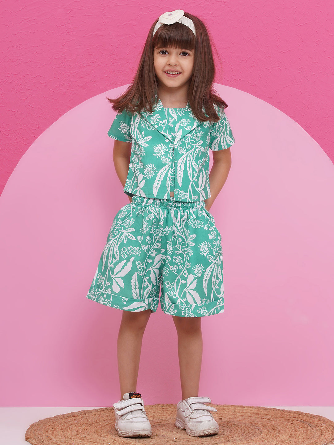 GREEN Pure Cotton Half Sleeves Floral Print Half pant and Jacket Co-Ords Set for Girls - AJ Dezines