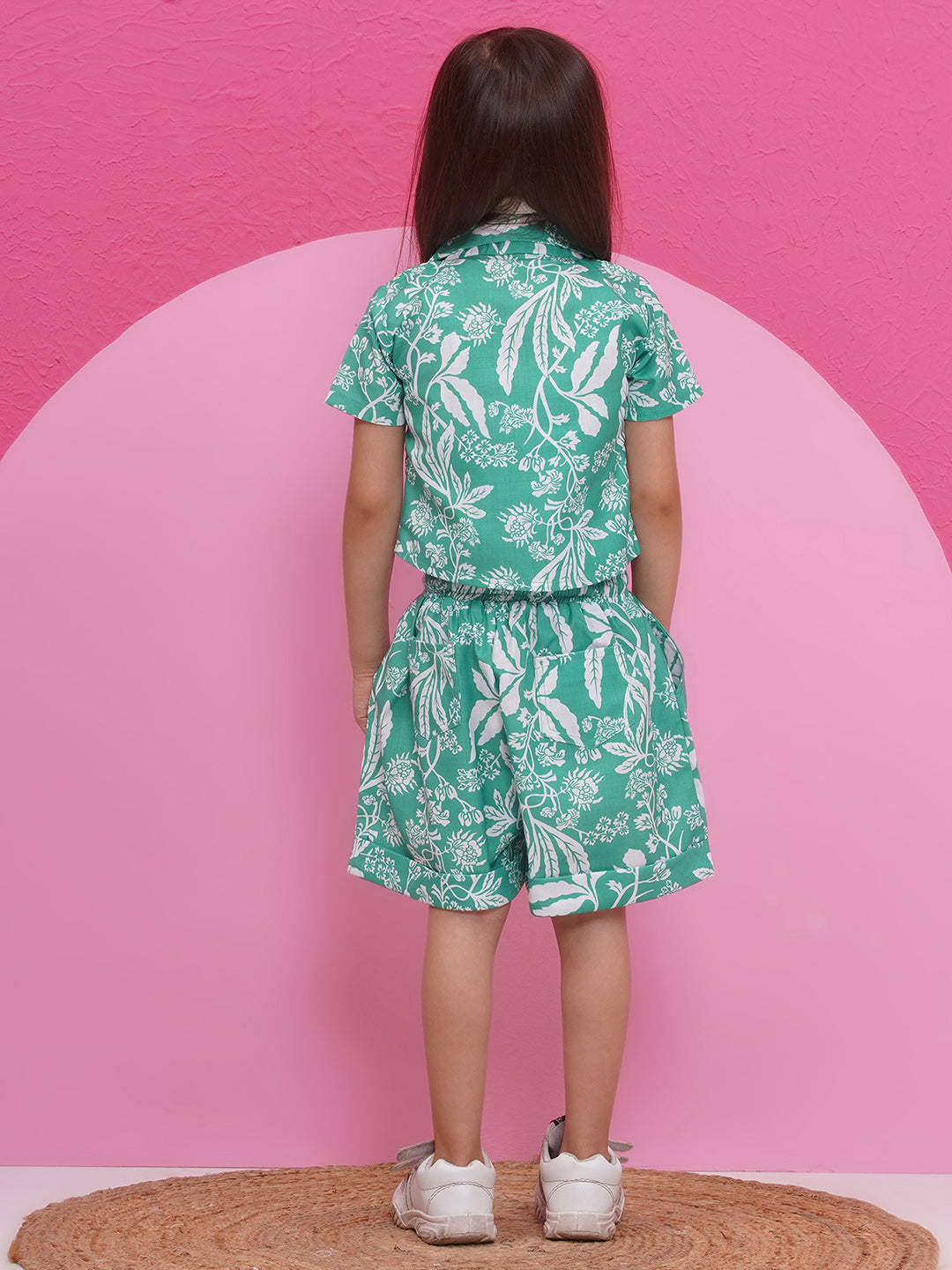 GREEN Pure Cotton Half Sleeves Floral Print Half pant and Jacket Co-Ords Set for Girls - AJ Dezines