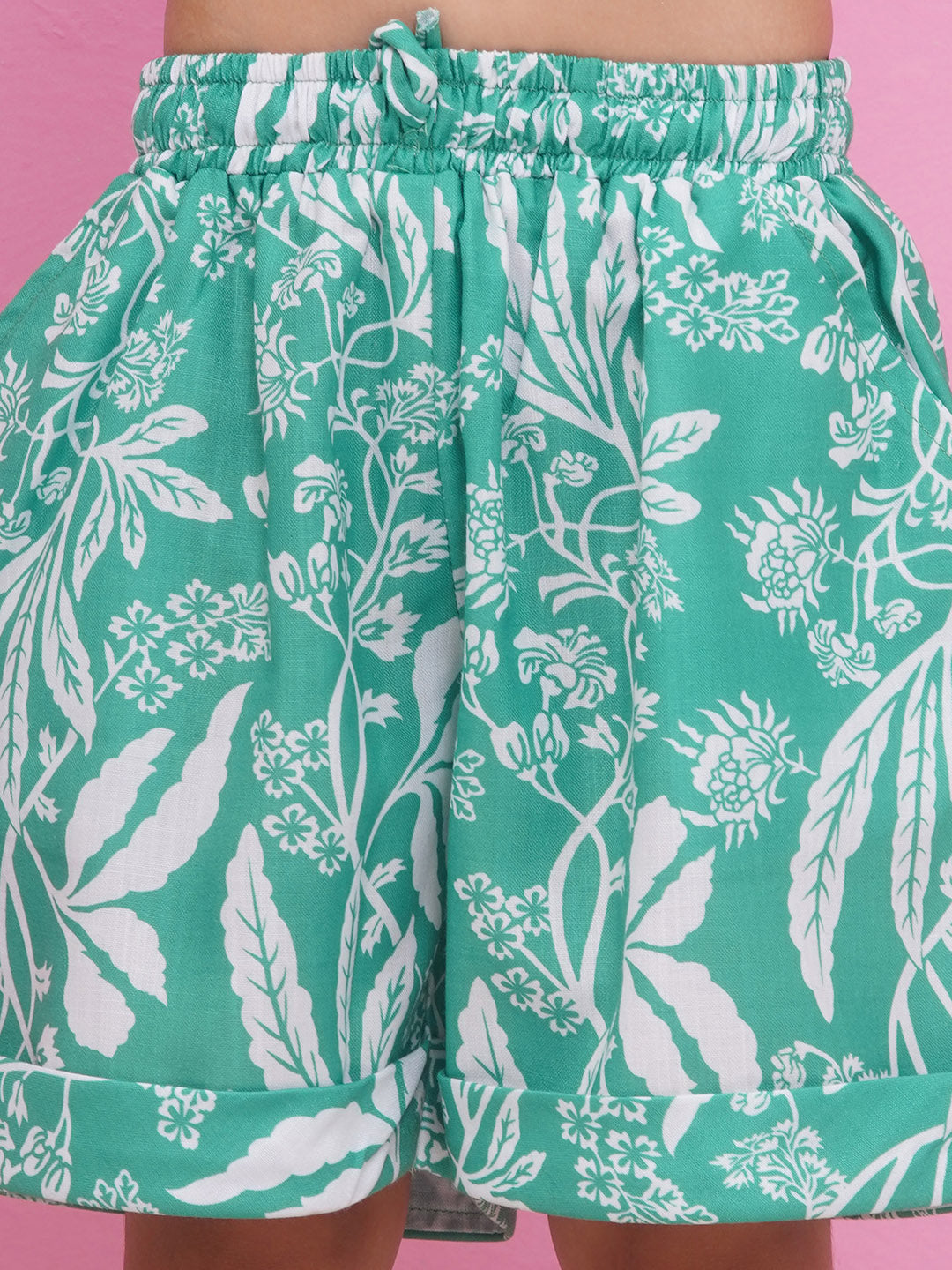 GREEN Pure Cotton Half Sleeves Floral Print Half pant and Jacket Co-Ords Set for Girls - AJ Dezines