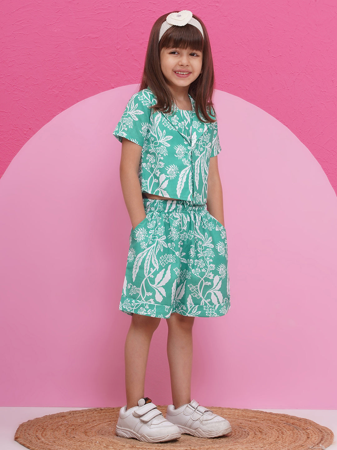 GREEN Pure Cotton Half Sleeves Floral Print Half pant and Jacket Co-Ords Set for Girls - AJ Dezines