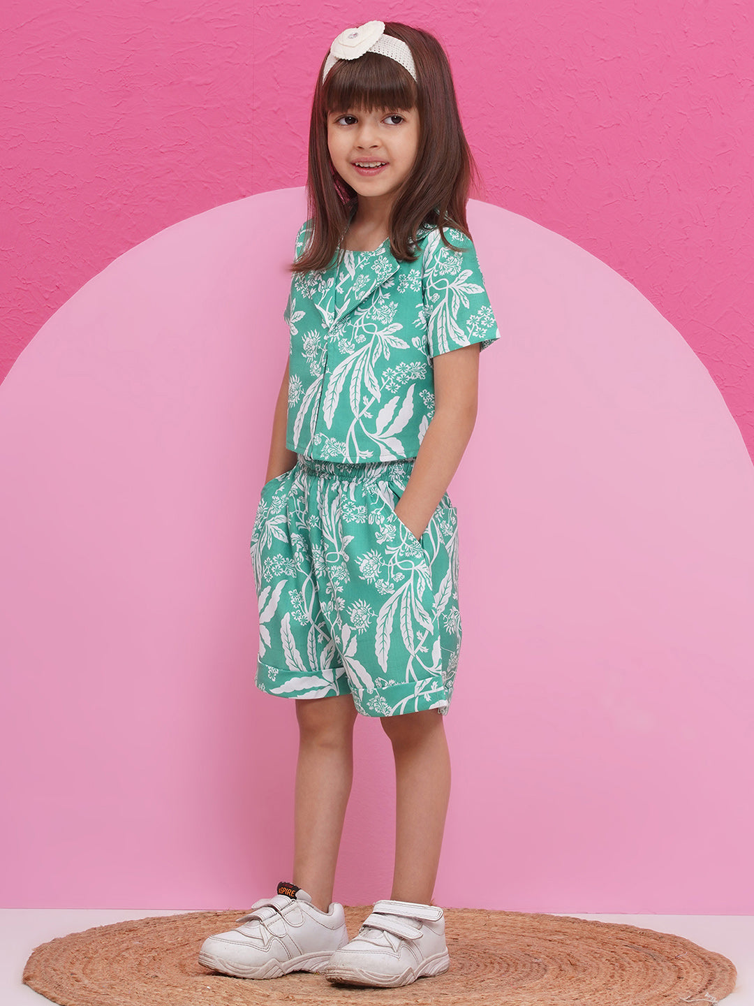 GREEN Pure Cotton Half Sleeves Floral Print Half pant and Jacket Co-Ords Set for Girls - AJ Dezines