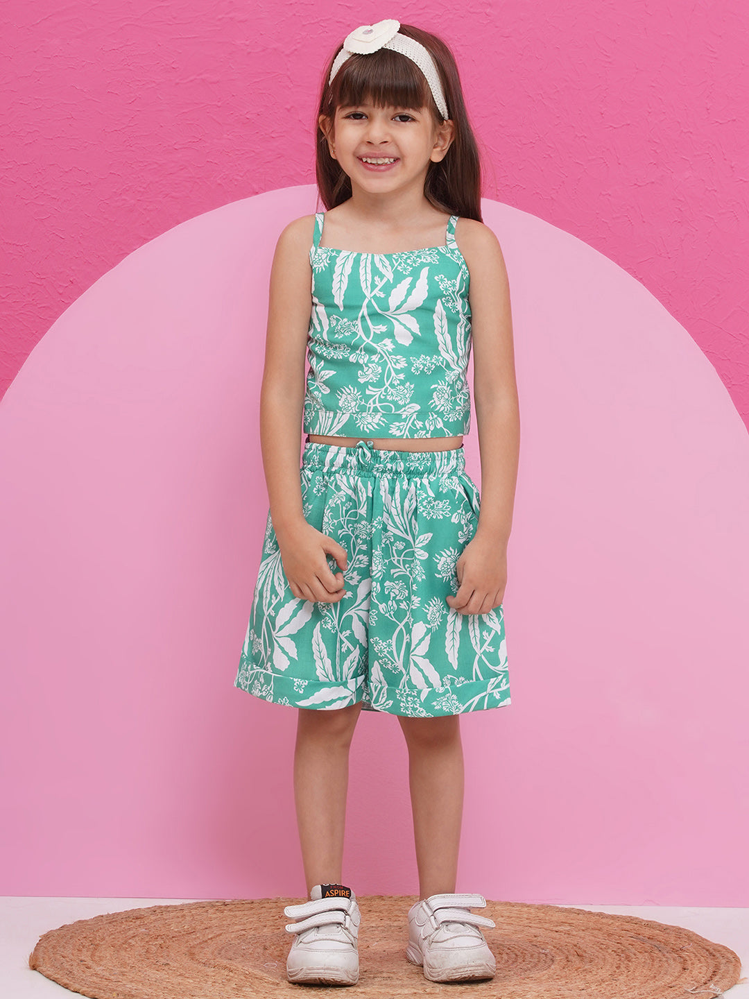 GREEN Pure Cotton Half Sleeves Floral Print Half pant and Jacket Co-Ords Set for Girls - AJ Dezines