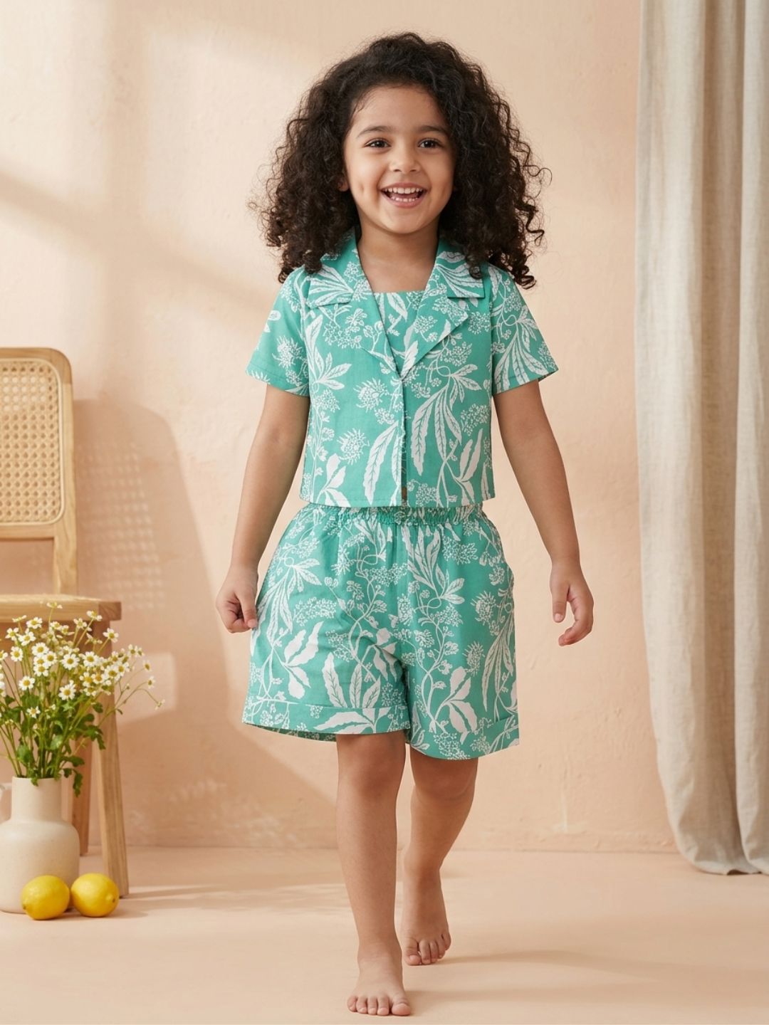 GREEN Pure Cotton Half Sleeves Floral Print Half pant and Jacket Co-Ords Set for Girls - AJ Dezines