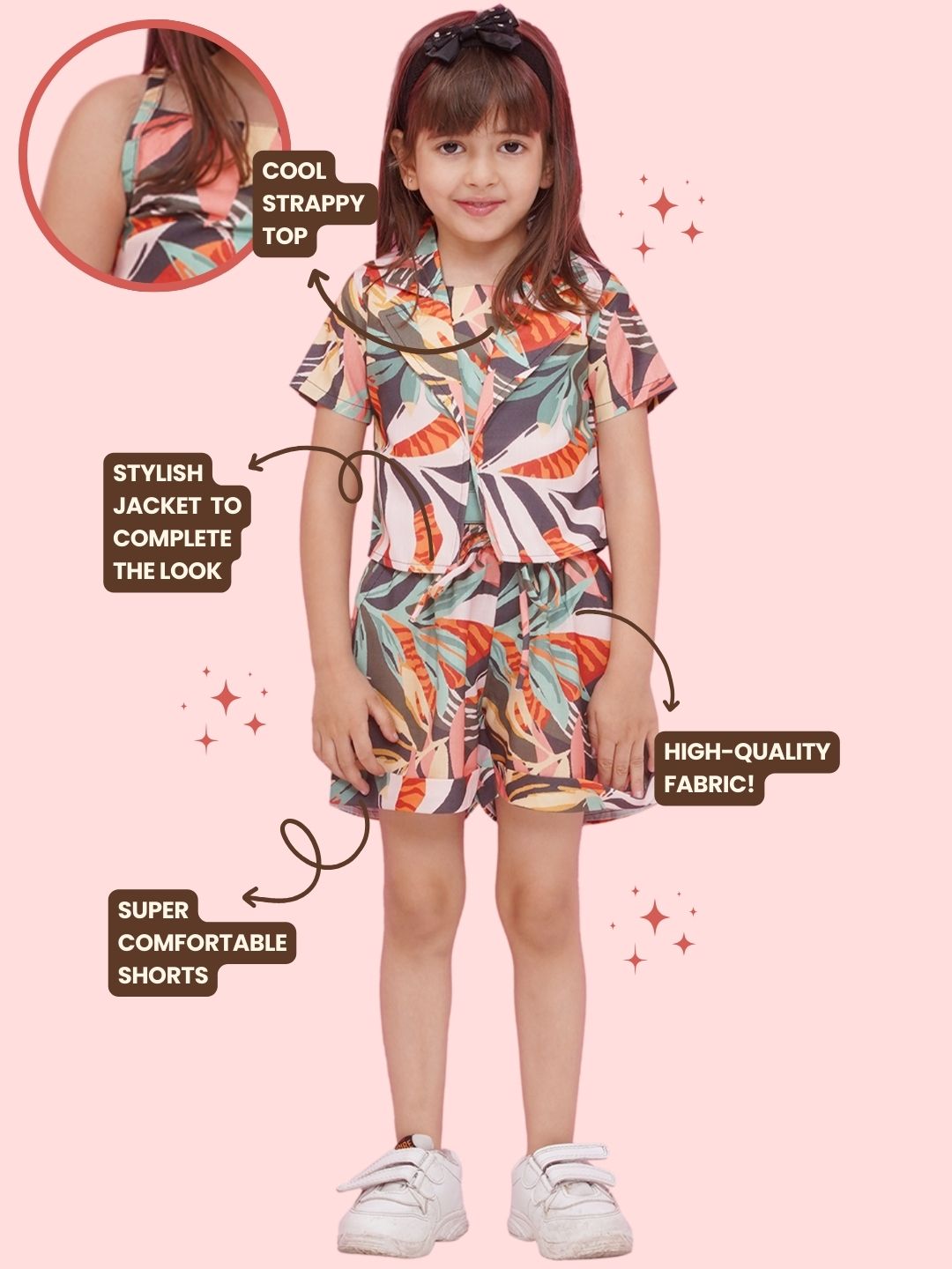MULTI-COLOR Pure Cotton Half Sleeves abstract Print Half pant and Jacket Co-Ords Set for Girls - AJ Dezines