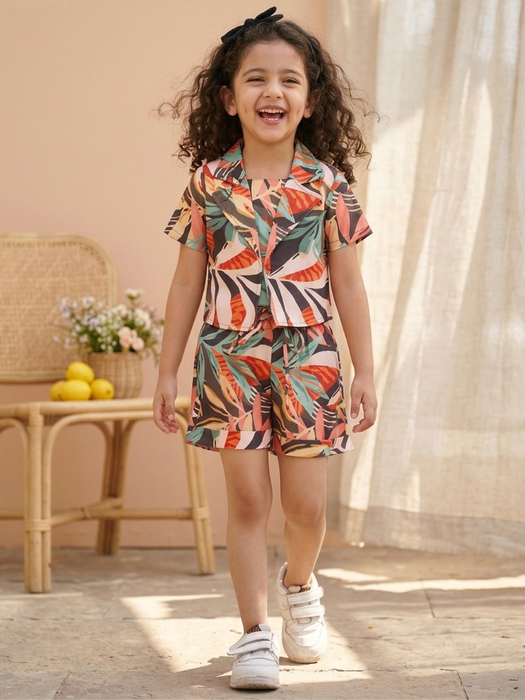 MULTI-COLOR Pure Cotton Half Sleeves abstract Print Half pant and Jacket Co-Ords Set for Girls - AJ Dezines