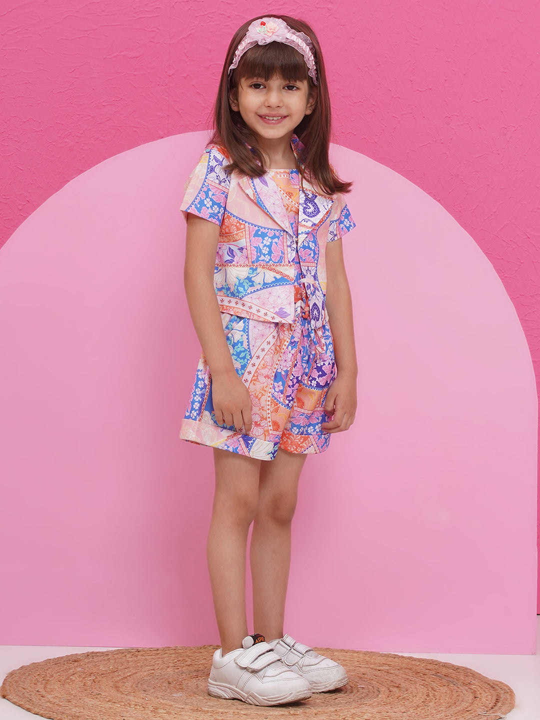 MULTI-COLOR Pure Cotton Half Sleeves abstract Print Half pant and Jacket Co-Ords Set for Girls - AJ Dezines