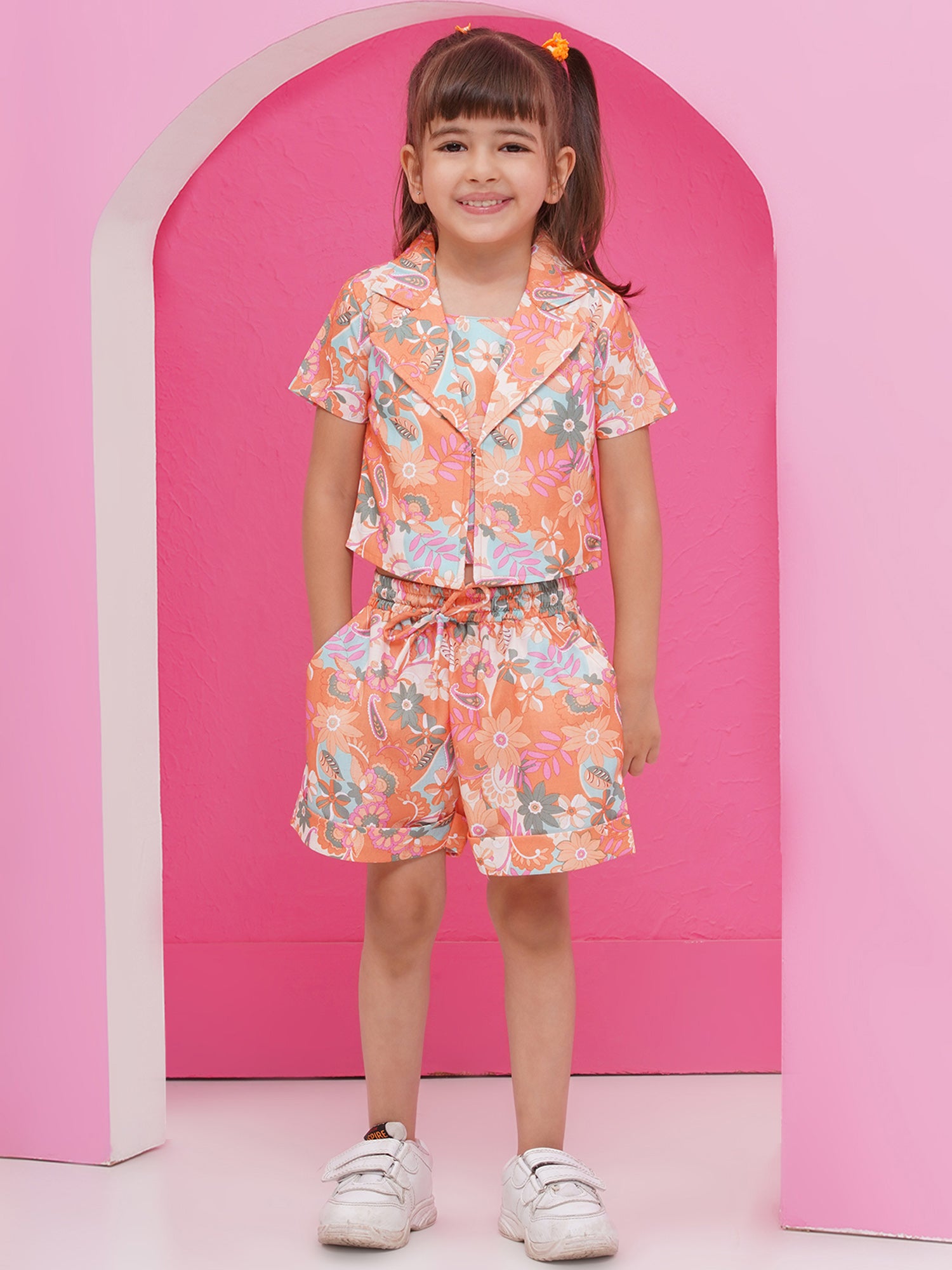 Multi color Pure Cotton Sleeveless Floral Print Co-Ords Set for Girls - AJ Dezines