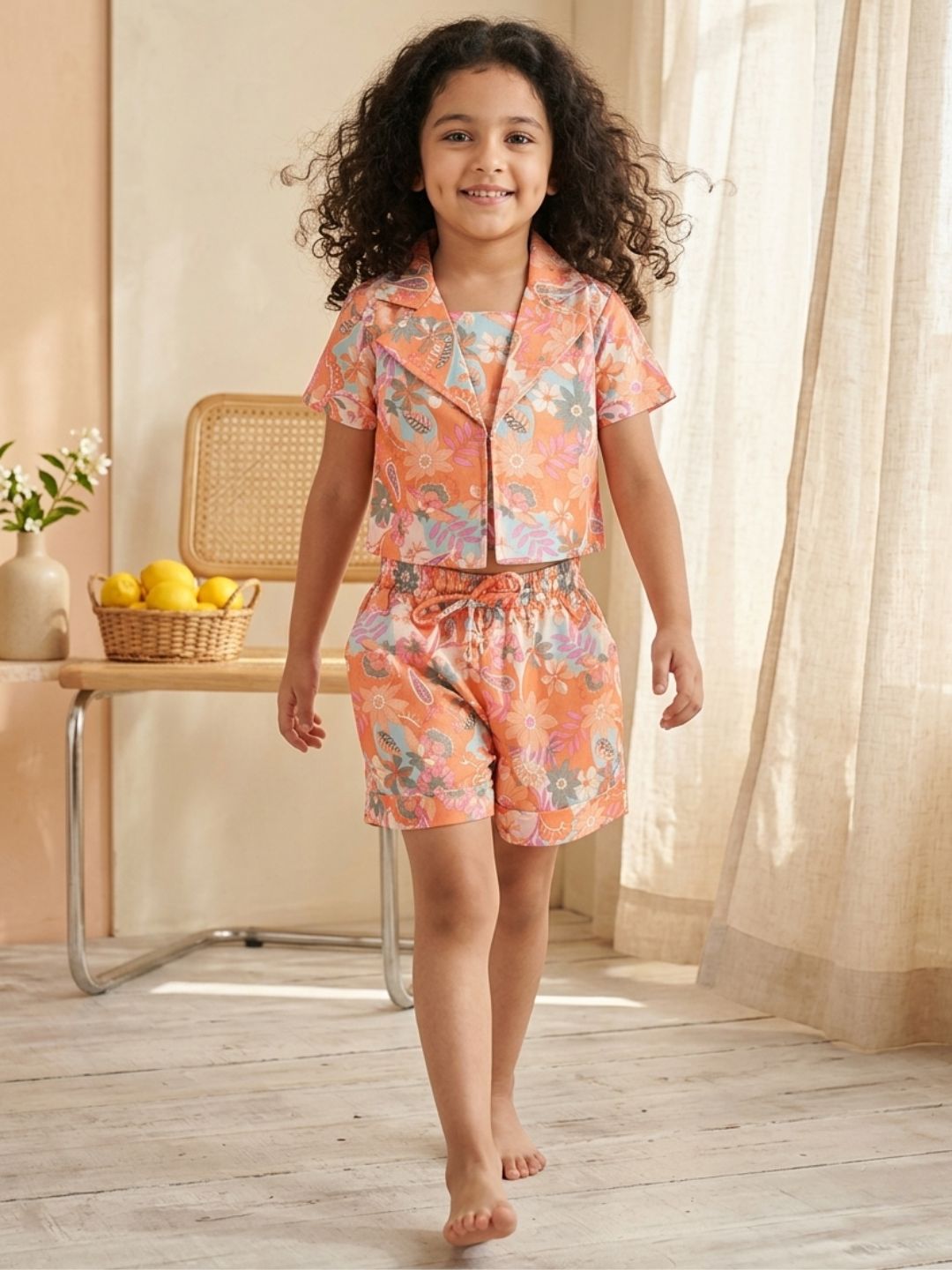 Multi color Pure Cotton Sleeveless Floral Print Co-Ords Set for Girls - AJ Dezines