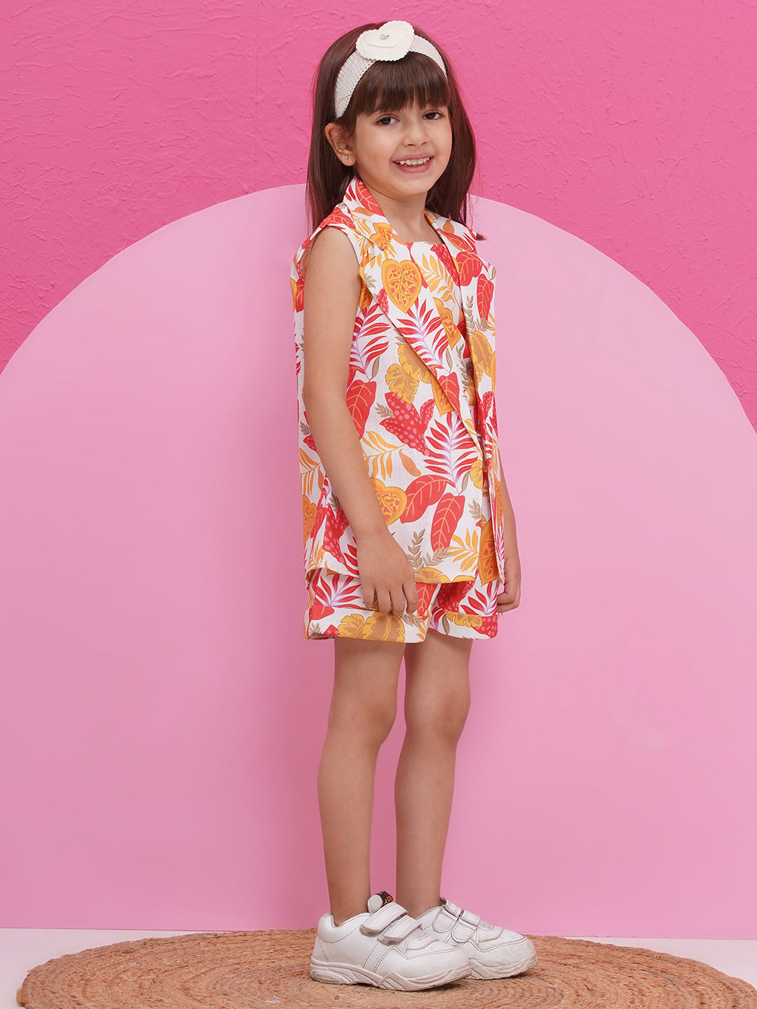 MULTI-COLOR Pure Cotton Sleeveless Floral Print Half pant and Jacket Co-Ords Set for Girls - AJ Dezines