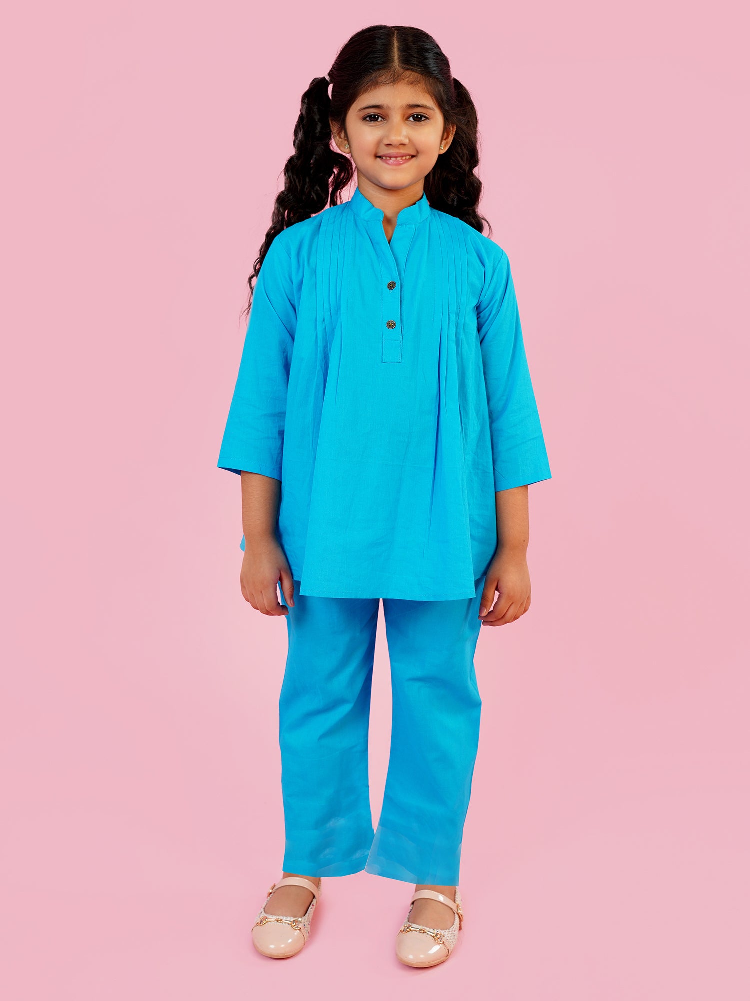 Blue Pure Cotton 3-4th Sleeves Solid Girls Co-Ords - AJ Dezines