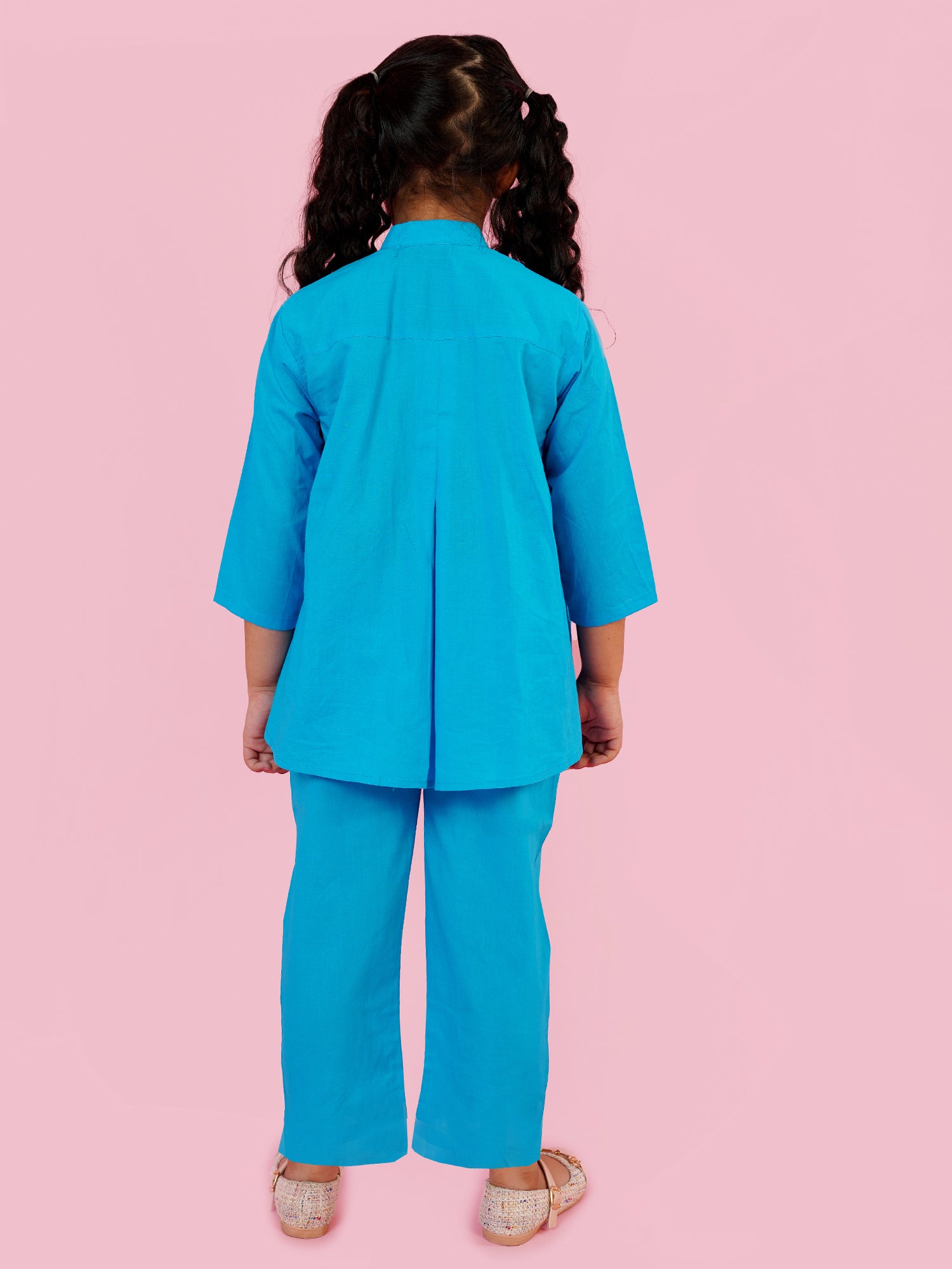 Blue Pure Cotton 3-4th Sleeves Solid Girls Co-Ords - AJ Dezines