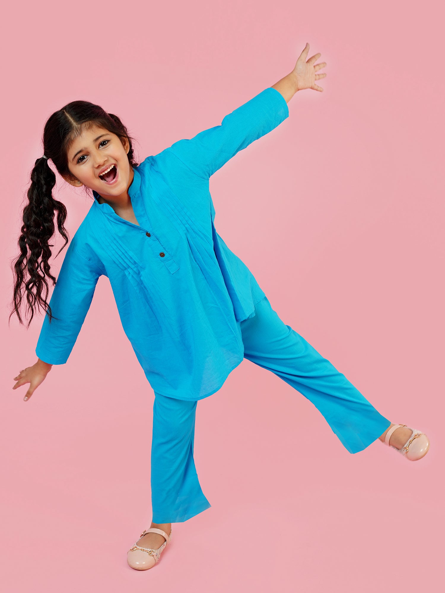Blue Pure Cotton 3-4th Sleeves Solid Girls Co-Ords - AJ Dezines