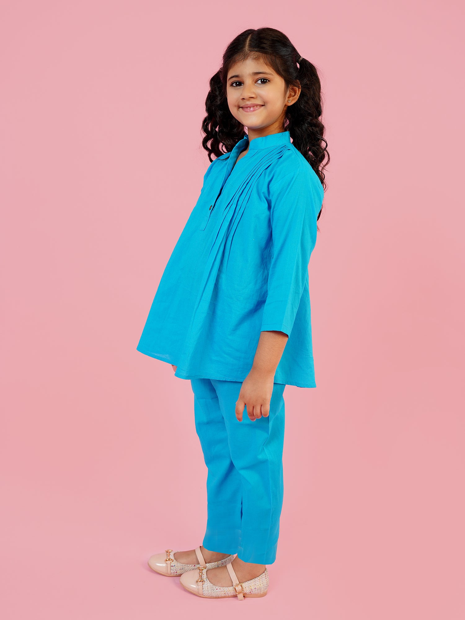 Blue Pure Cotton 3-4th Sleeves Solid Girls Co-Ords - AJ Dezines