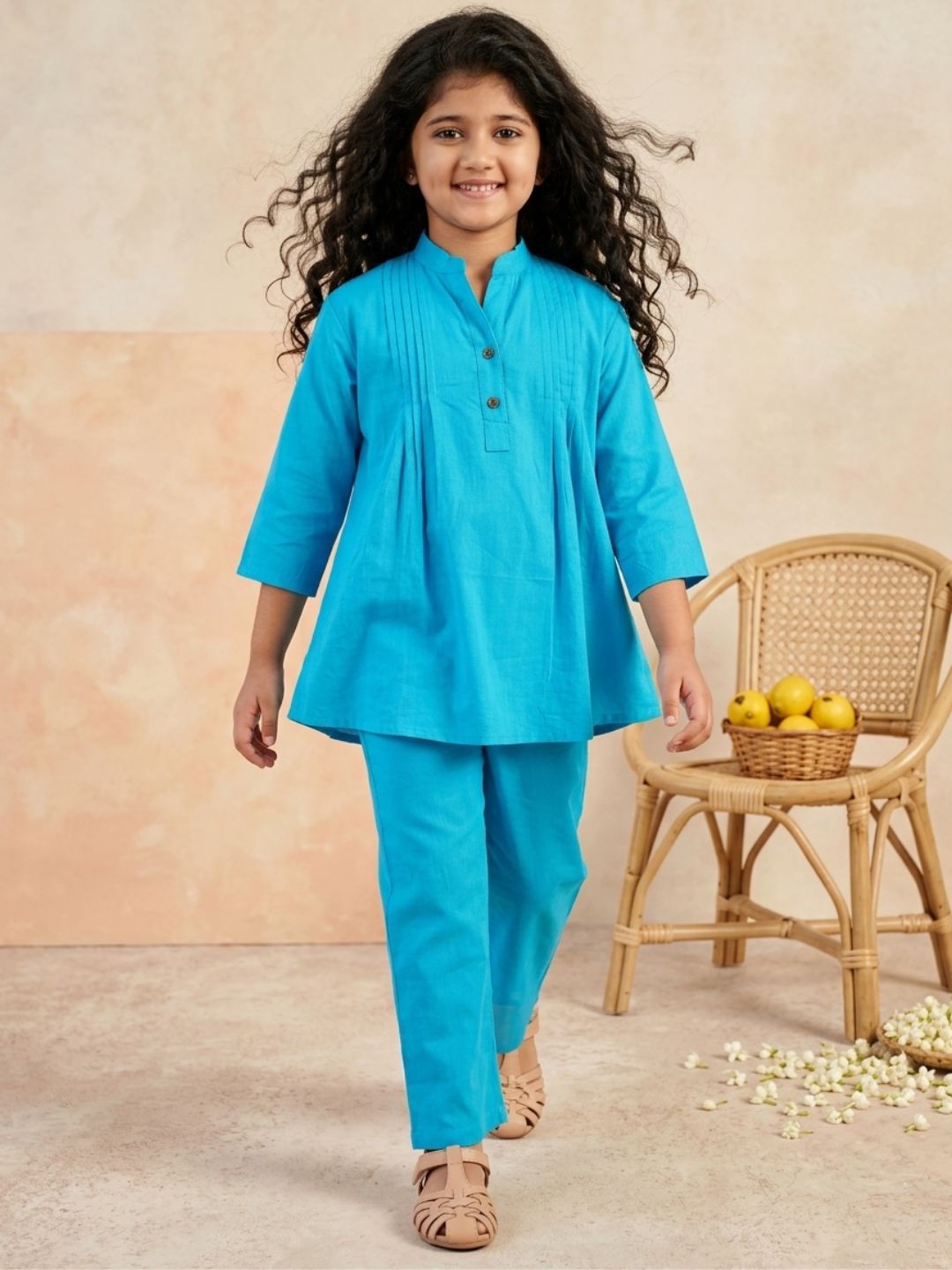 Blue Pure Cotton 3-4th Sleeves Solid Girls Co-Ords - AJ Dezines