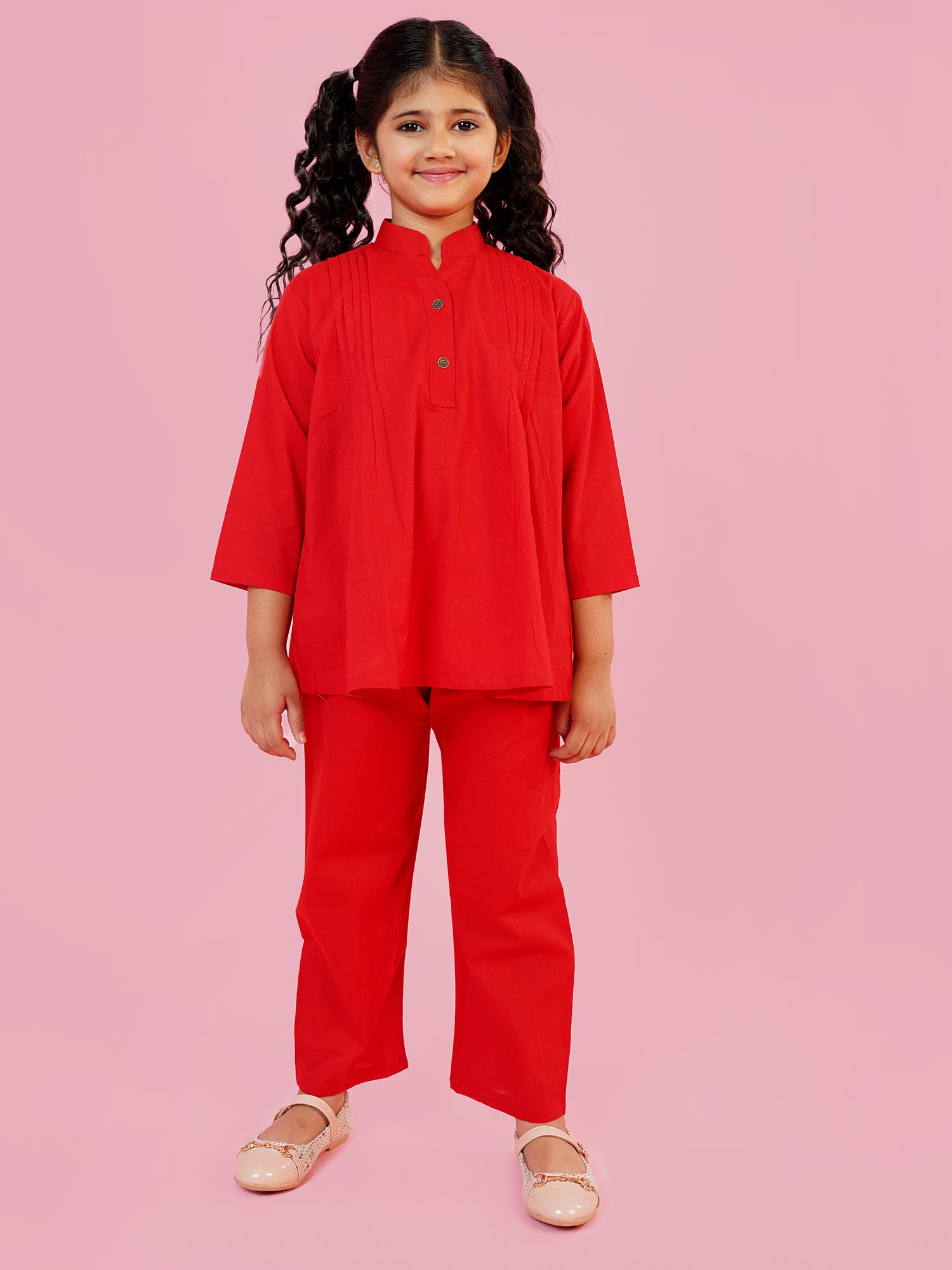 Red Pure Cotton 3-4th Sleeves Solid Girls Co-Ords - AJ Dezines