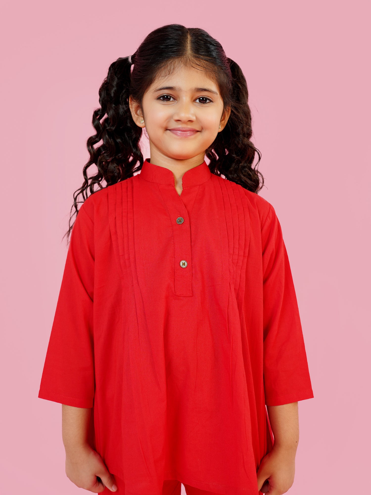 Red Pure Cotton 3-4th Sleeves Solid Girls Co-Ords - AJ Dezines