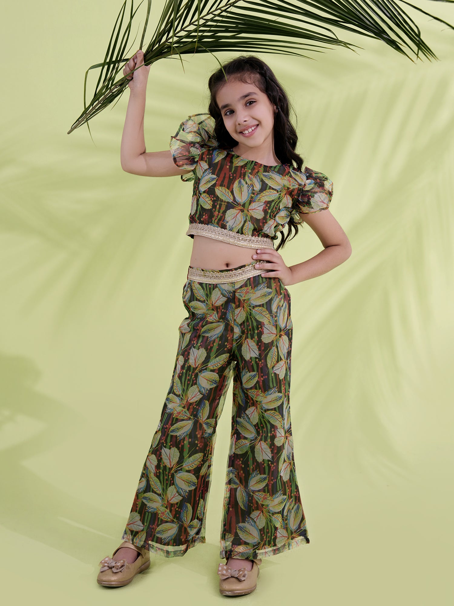 Green Organza Half Sleeves Printed Co-Ords For Girls - AJ Dezines