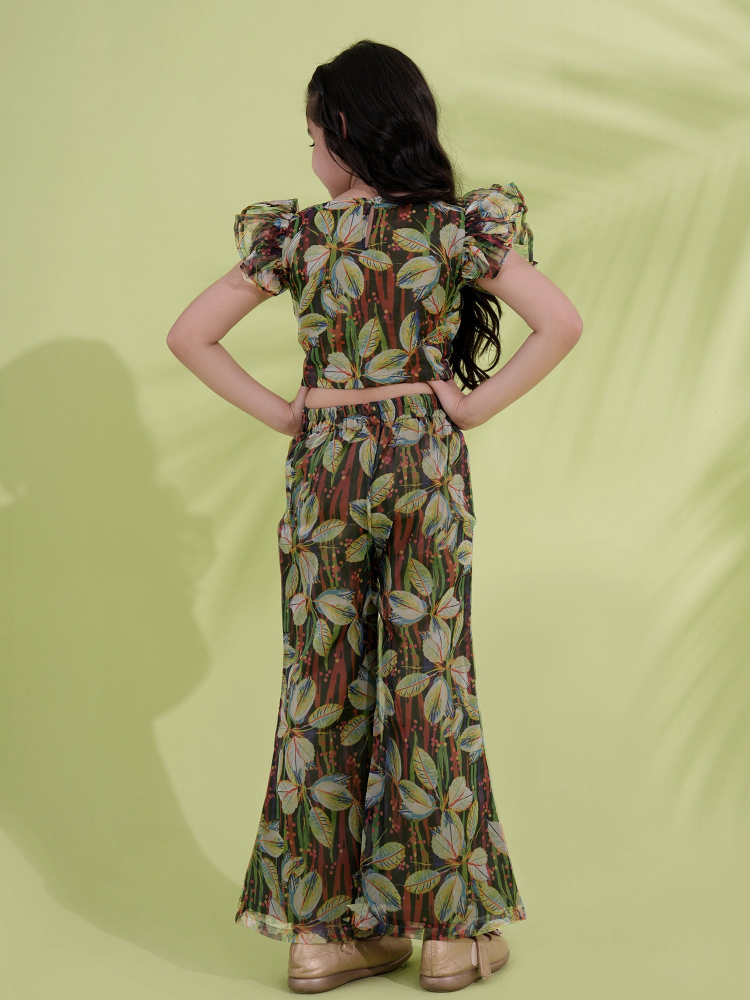 Green Organza Half Sleeves Printed Co-Ords For Girls - AJ Dezines